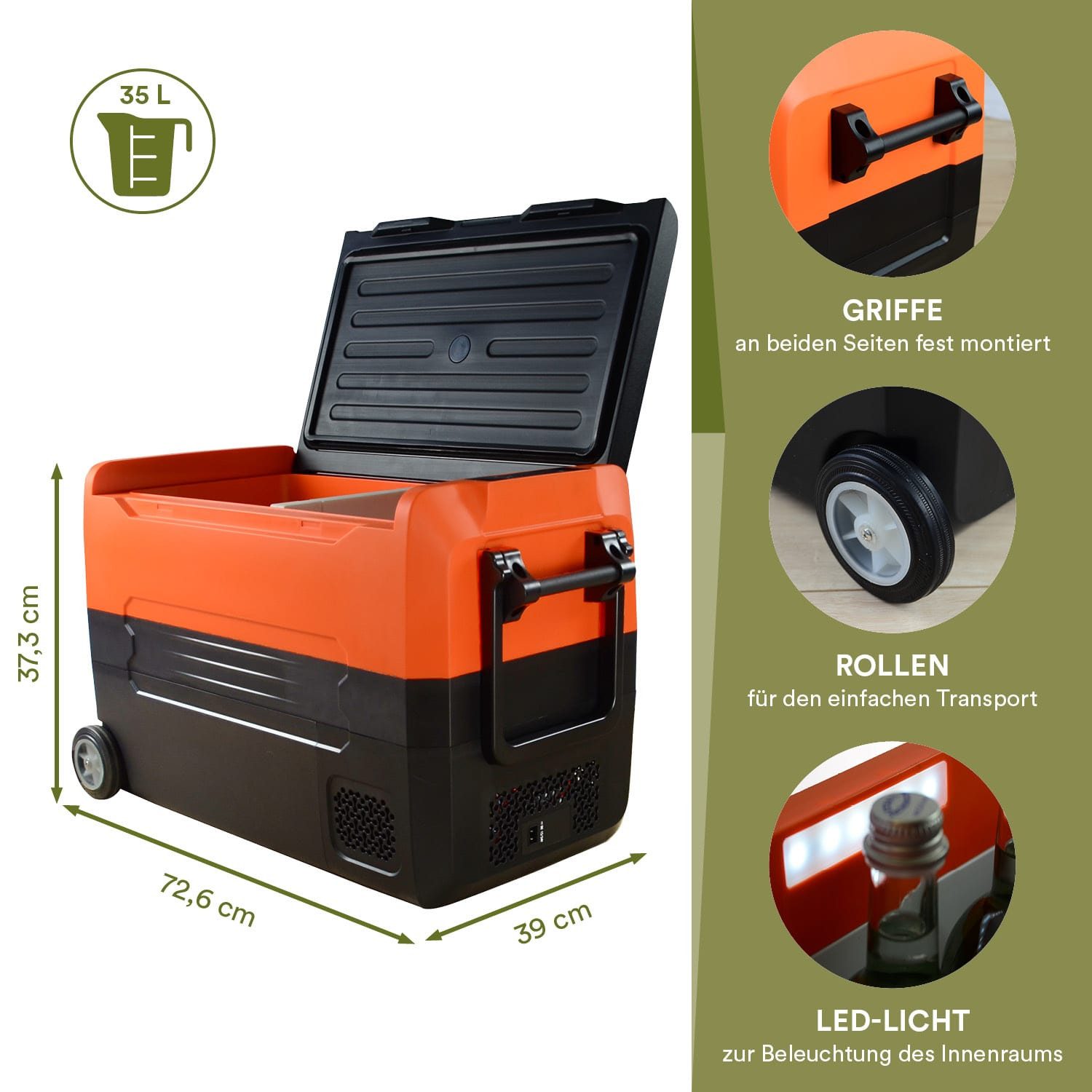 Skandika Elektrische Kühlbox Auto-Gefrierbox, Camping Kompressor Kühlschrank mit Trennwand, 12V Stecker, Netzteil für Steckdose, +10° bis -20°C, LKW, Bus, Camper