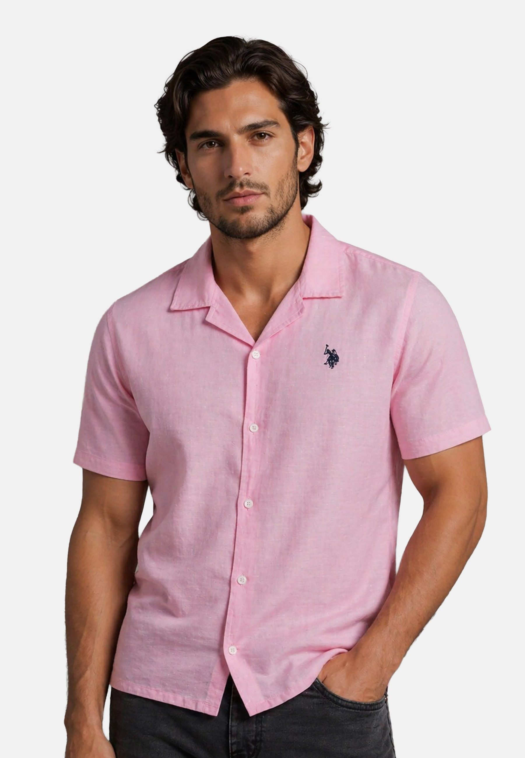 U.S. Polo Assn. Leinenhemd USTyyler Herren Leinenhemd kurzarm – Sommerhemd mit Kubakragen Leichtes Kurzarmhemd aus Leinenmix mit Knopfleiste