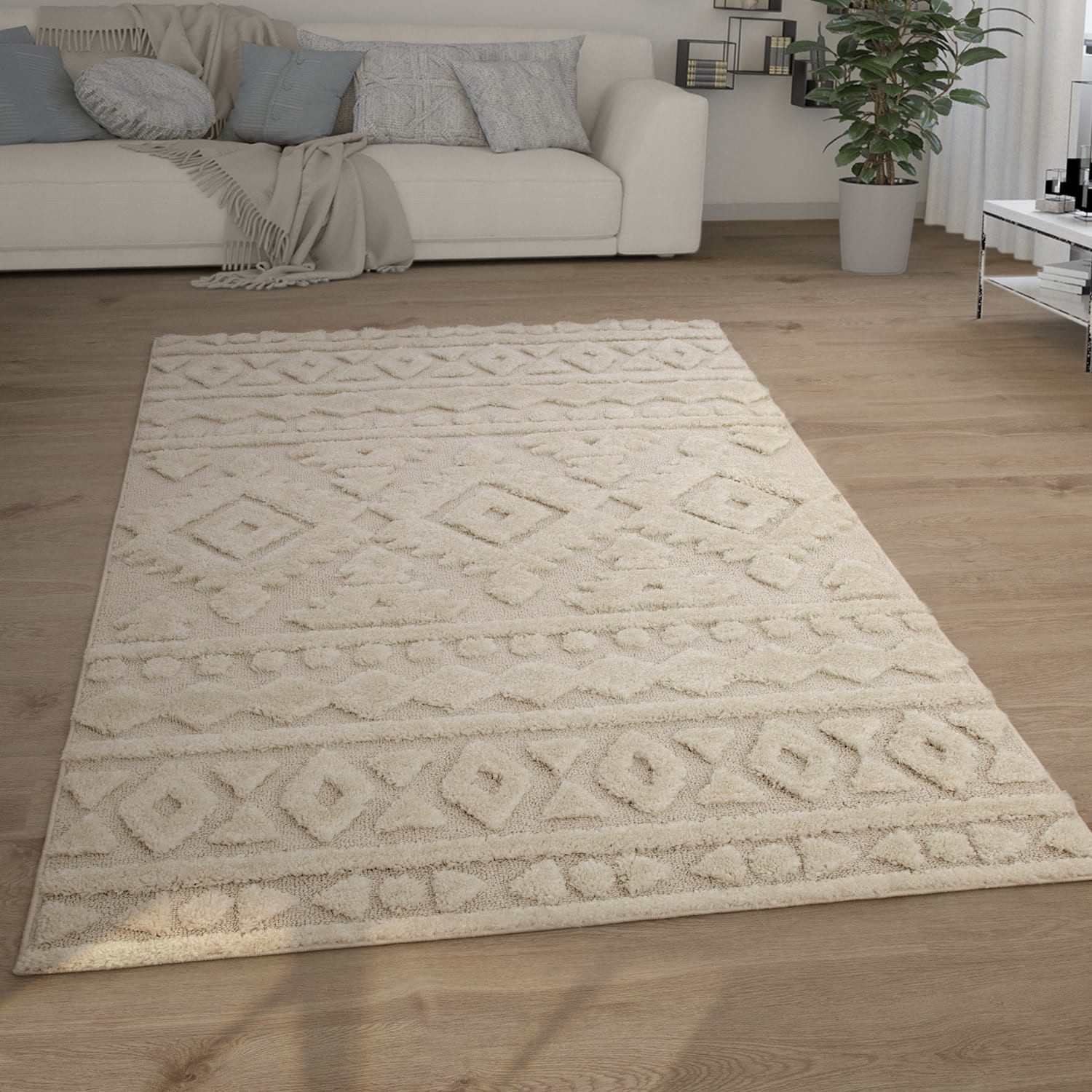 KADIMA DESIGN Teppich Struktur 3D Schlafzimmer schmutzabweisend Hochflor Teppich Shaggy, Rechteckig, Höhe: 34 mm, Florhöhe: 30 mm, Polypropylen, Läufer, 60x100, Creme