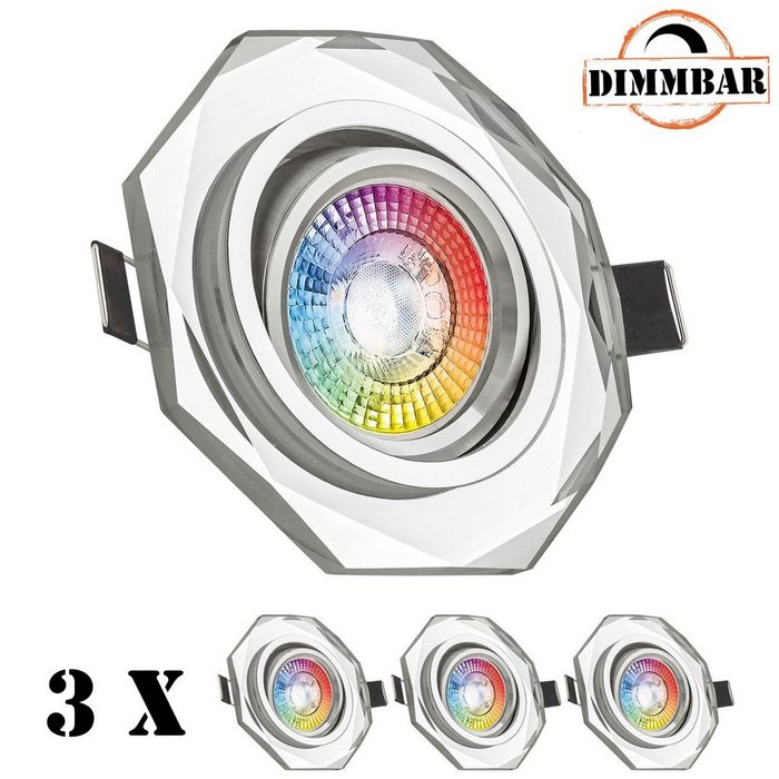 LEDANDO LED Einbaustrahler 3er RGB LED Einbaustrahler Set extra flach in weiß mit 3W LED von LEDANDO - 11 Farben + Warmweiß - inkl. Fernbedienung - dimmbar - eckig