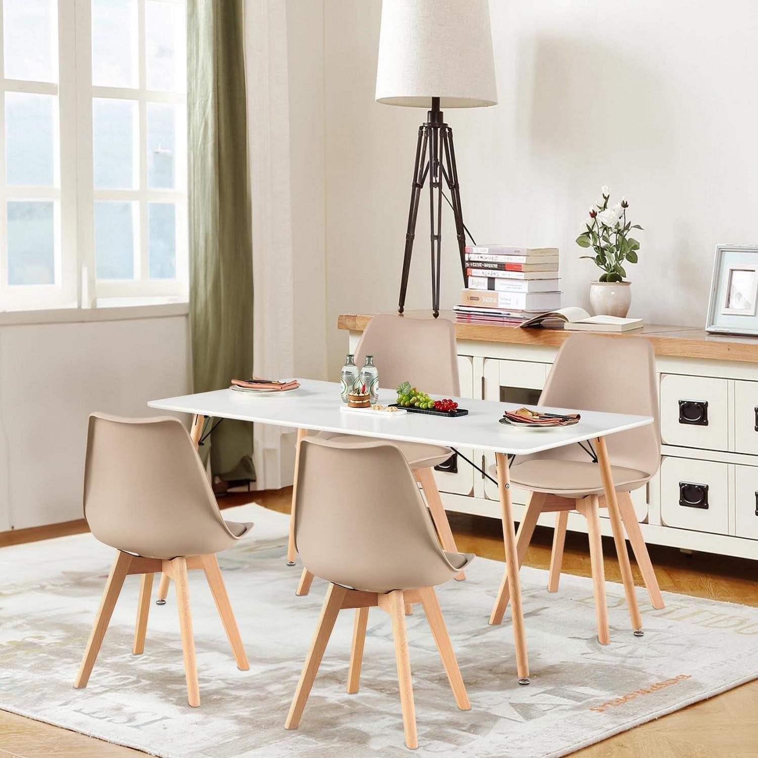 LuxusKollektion Esstisch Esszimmergruppe Esstisch 160 cm Weiß Tisch + 4 Khaki Stühlen (1-St)