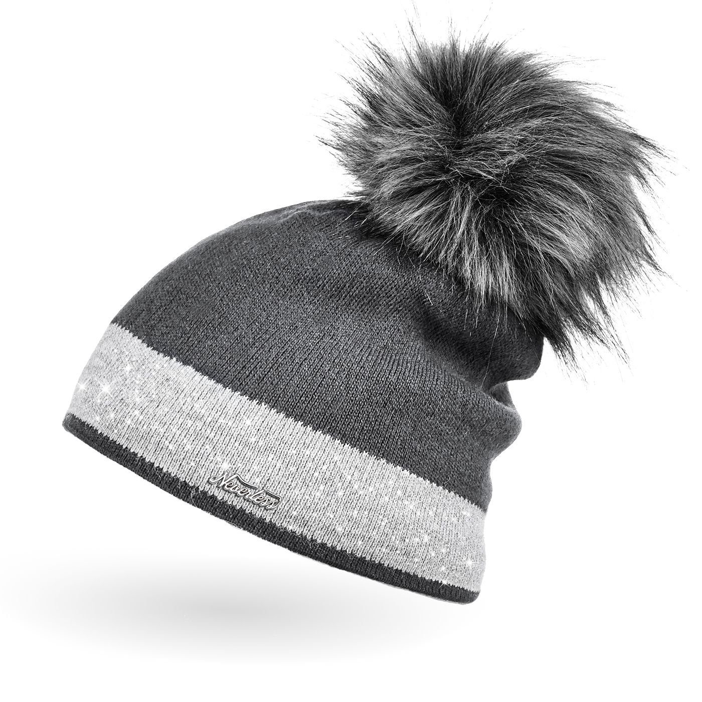 Bommelmütze Damen Strick-Mütze gefüttert Fell-Bommel Kunstfell Winter-Mütze