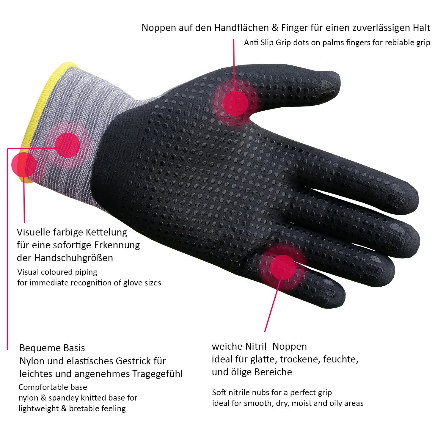 GUARD 5 Arbeitshandschuhe Montagehandschuhe mit Noppen (Art. 11580GN) (3-St) Sanitized Hygienefunktion