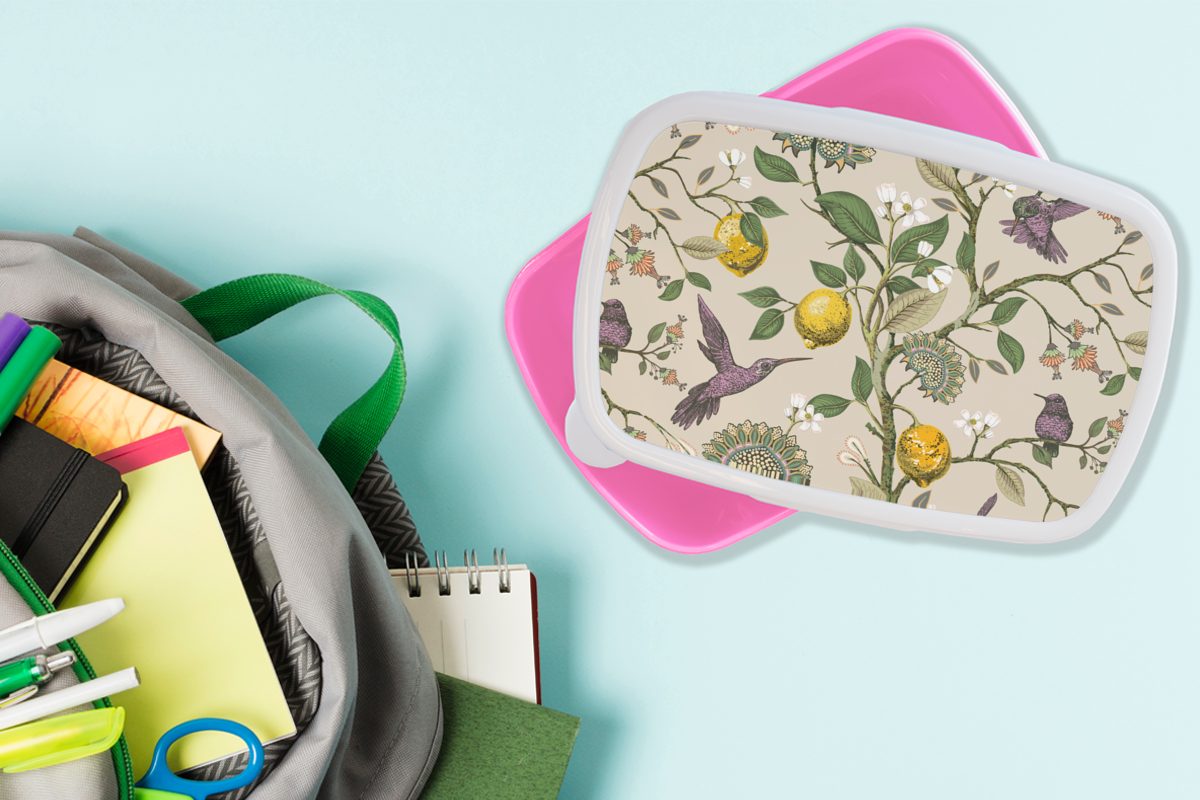 Erwachsene, - - rosa Brotdose Lunchbox für Kunststoff, - Kinder, Mädchen, Snackbox, (2-tlg), Obst, Vogel Pflanzen MuchoWow Kunststoff Muster Brotbox