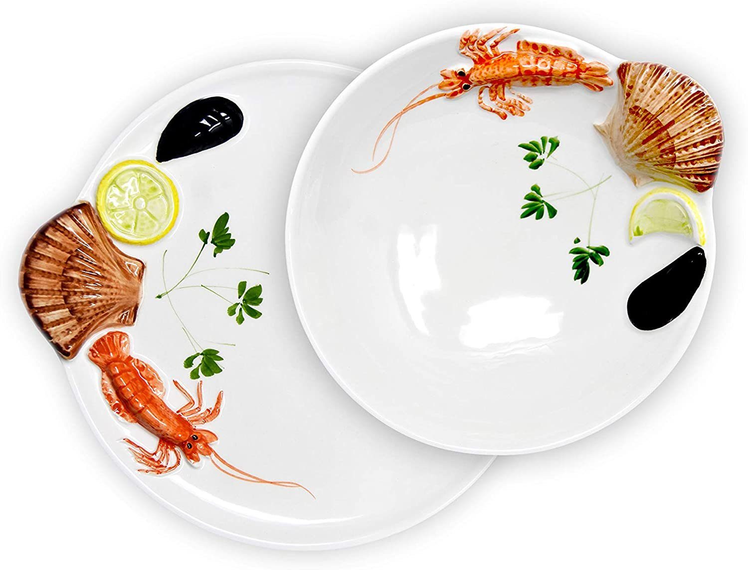 Lashuma Kombiservice Meeresfrüchte (2-tlg), Keramik, Runder Suppenteller Ø 22 cm und Servierplatte Ø 25 cm