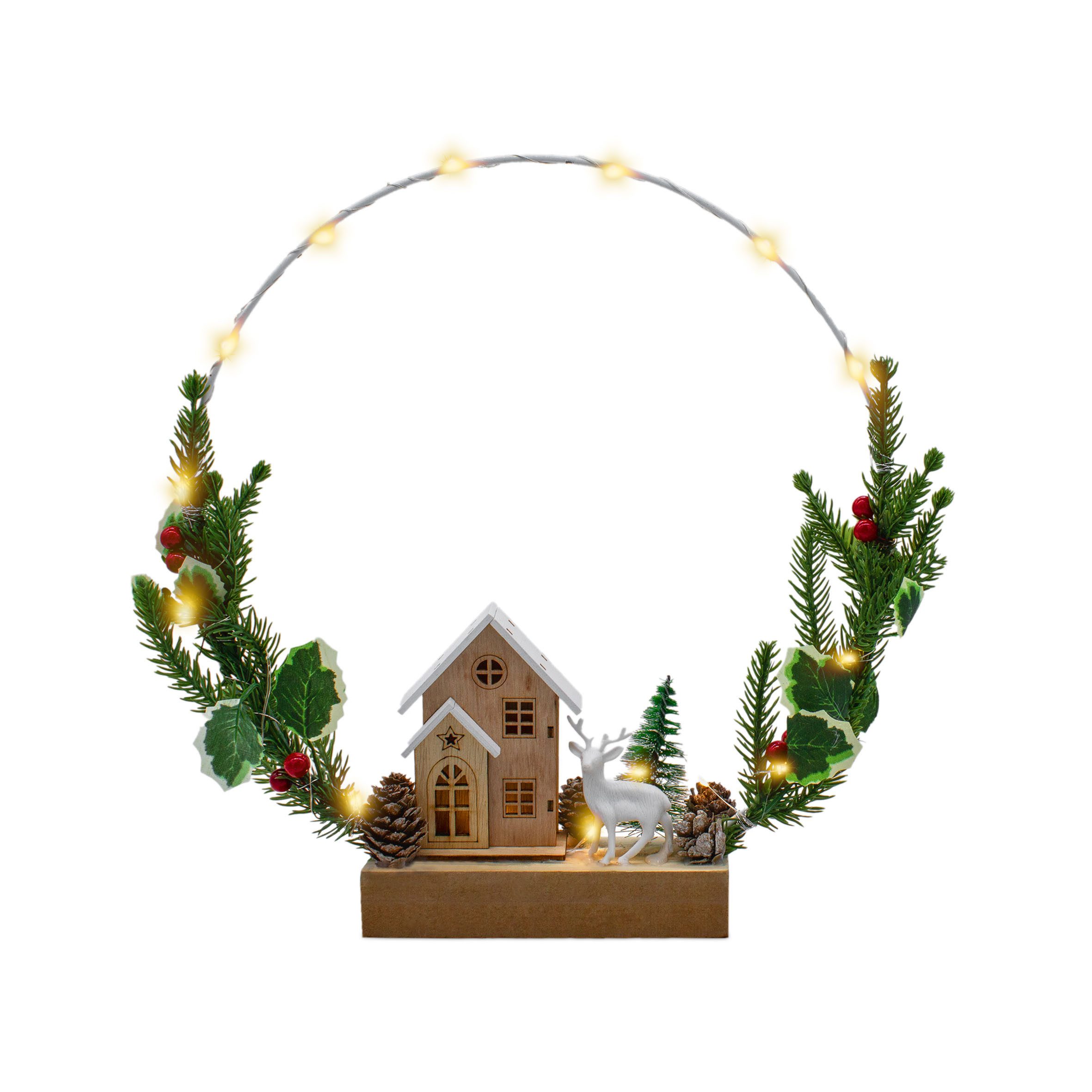 Spetebo LED Dekolicht LED Dekoring 20 LED mit Holzhaus - 30 cm, Batterie betrieben, LED fest integriert, warm weiß, mit Timer