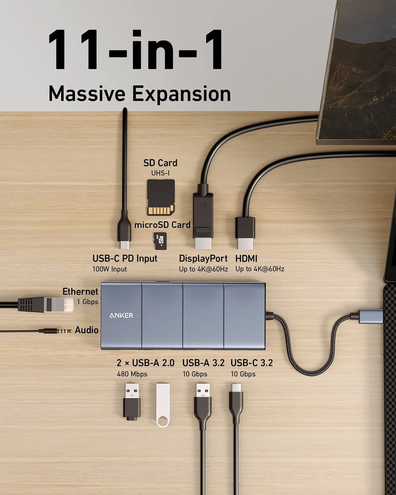 Anker Laptop-Dockingstation PowerExpand (A83880A1), 11-in-1, Rapide Datenübertragung, Multi-Monitor-Display