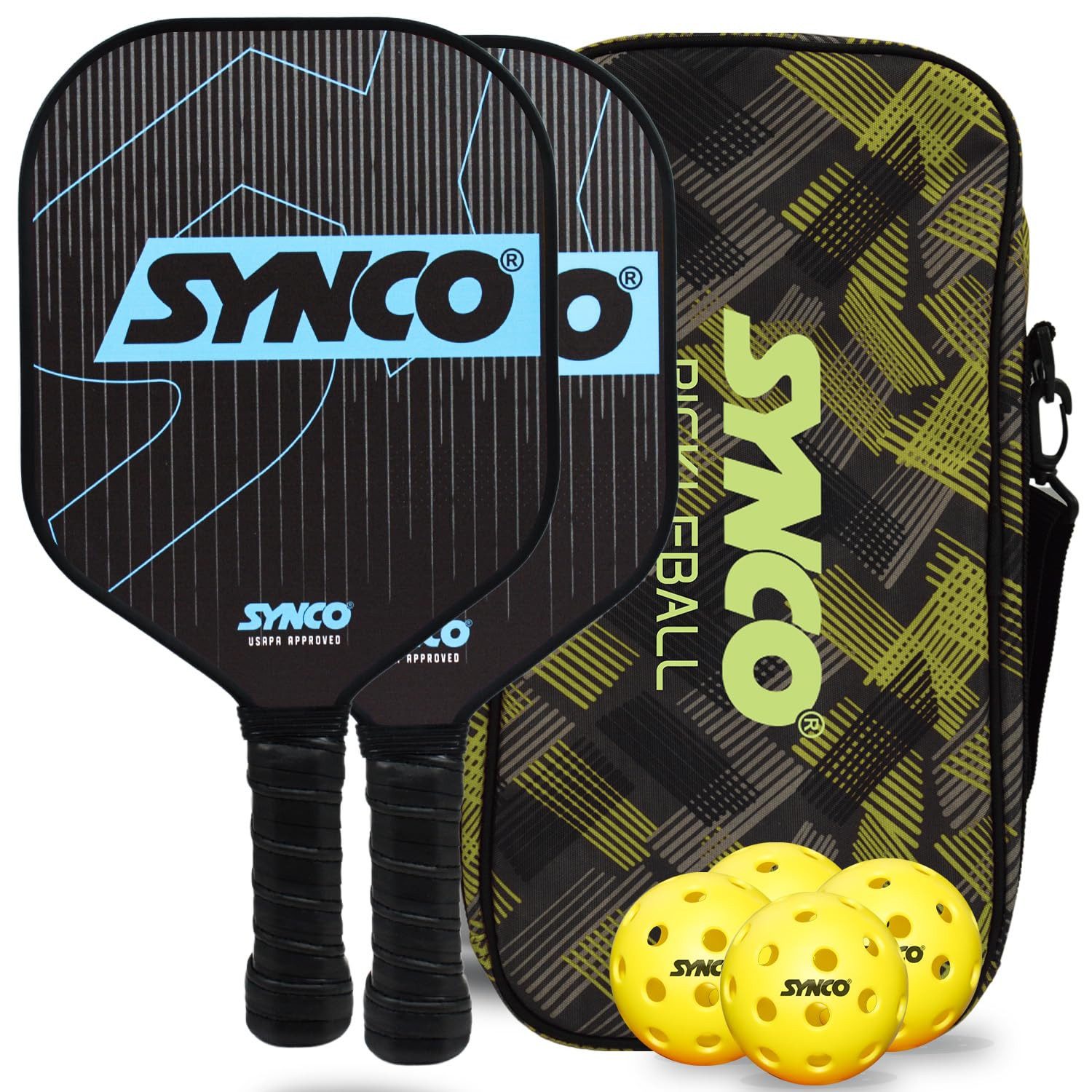 Pickleballschläger Synco Premium Pickleball Set mit 2 Fiberglas Schläger + 4 Bälle 1061