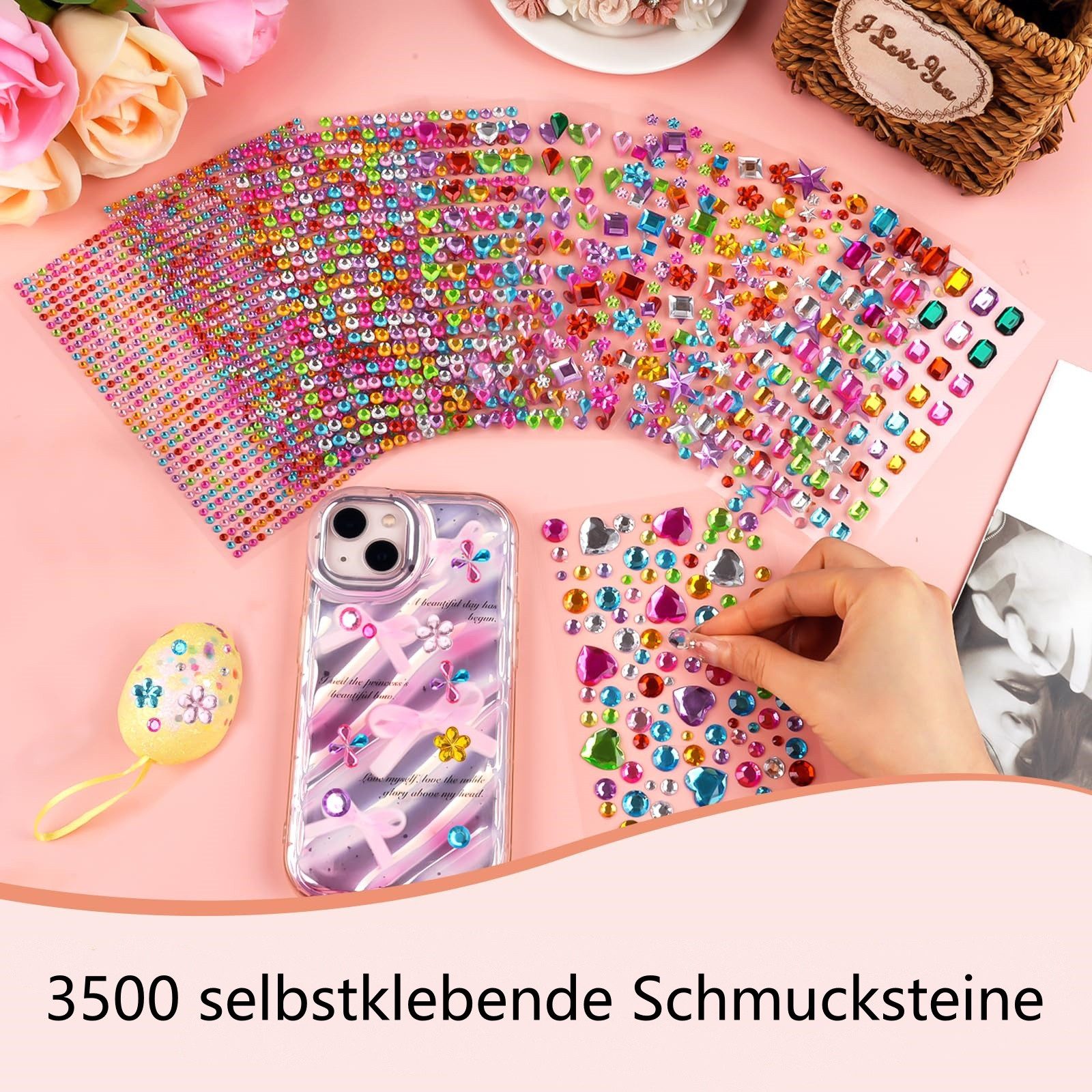 FOUORTUNATE-BEE Schmuckset Strass Sticker Set selbstklebend 3500 Teile Bastelsteine, Glitzer Aufkleber Kinder DIY Deko Karten Scrapbooking – Bild 2 von 5