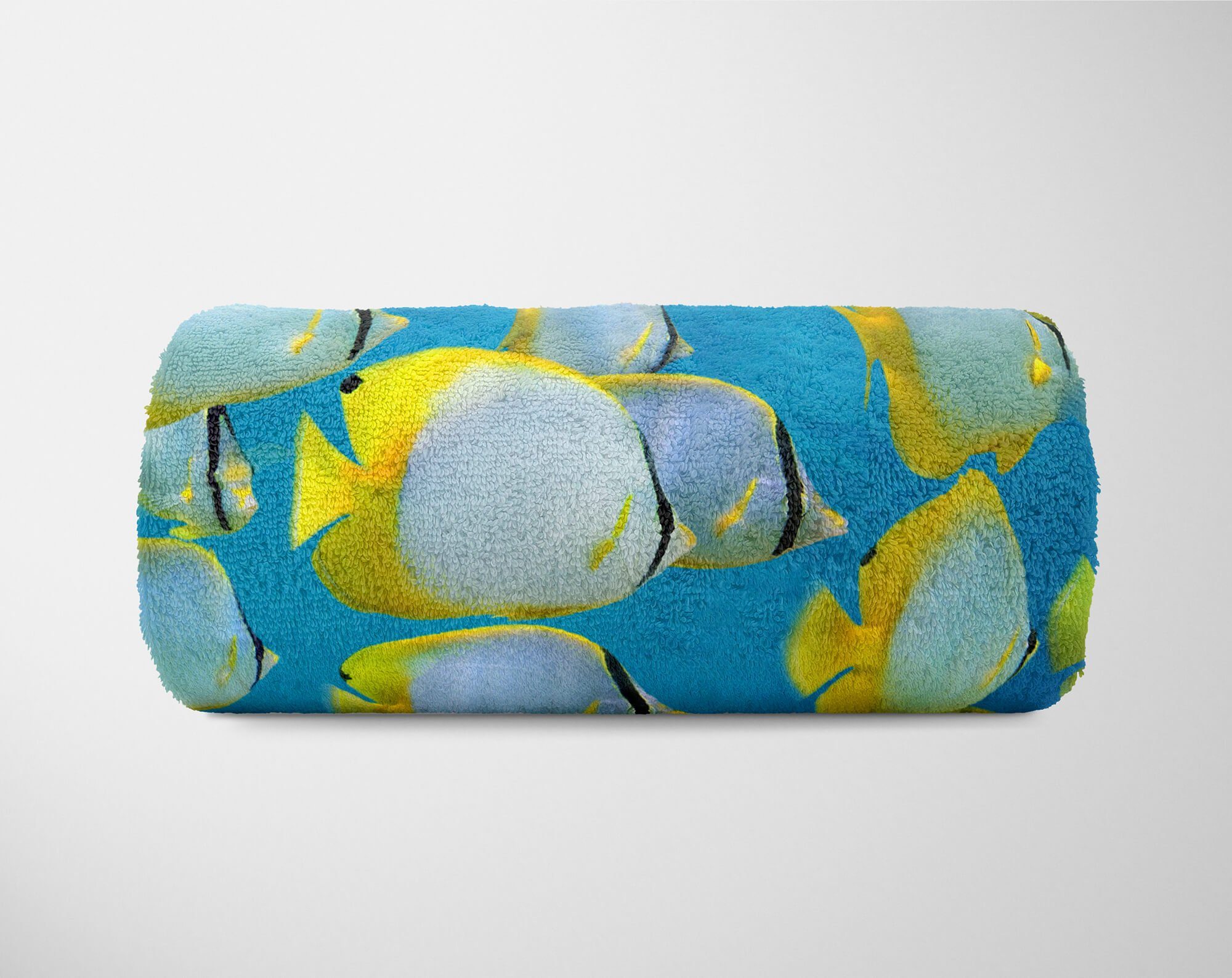 Sinus Art Handtücher Handtuch Baumwolle-Polyester-Mix Gelbe Kuscheldecke Saunatuch Fische mit Fotomotiv (1-St), Handtuch Meer, Strandhandtuch