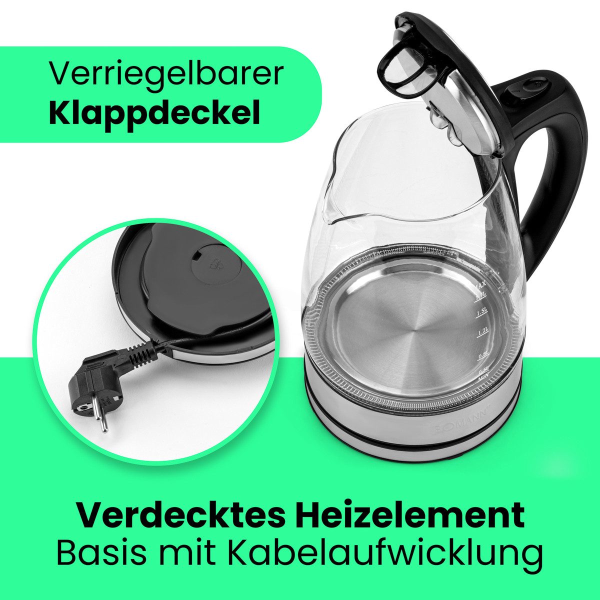 BOMANN Wasserkocher WKS 6032 G CB, Wasserkocher Glas/Edelstahl, 1,7L, BPA frei