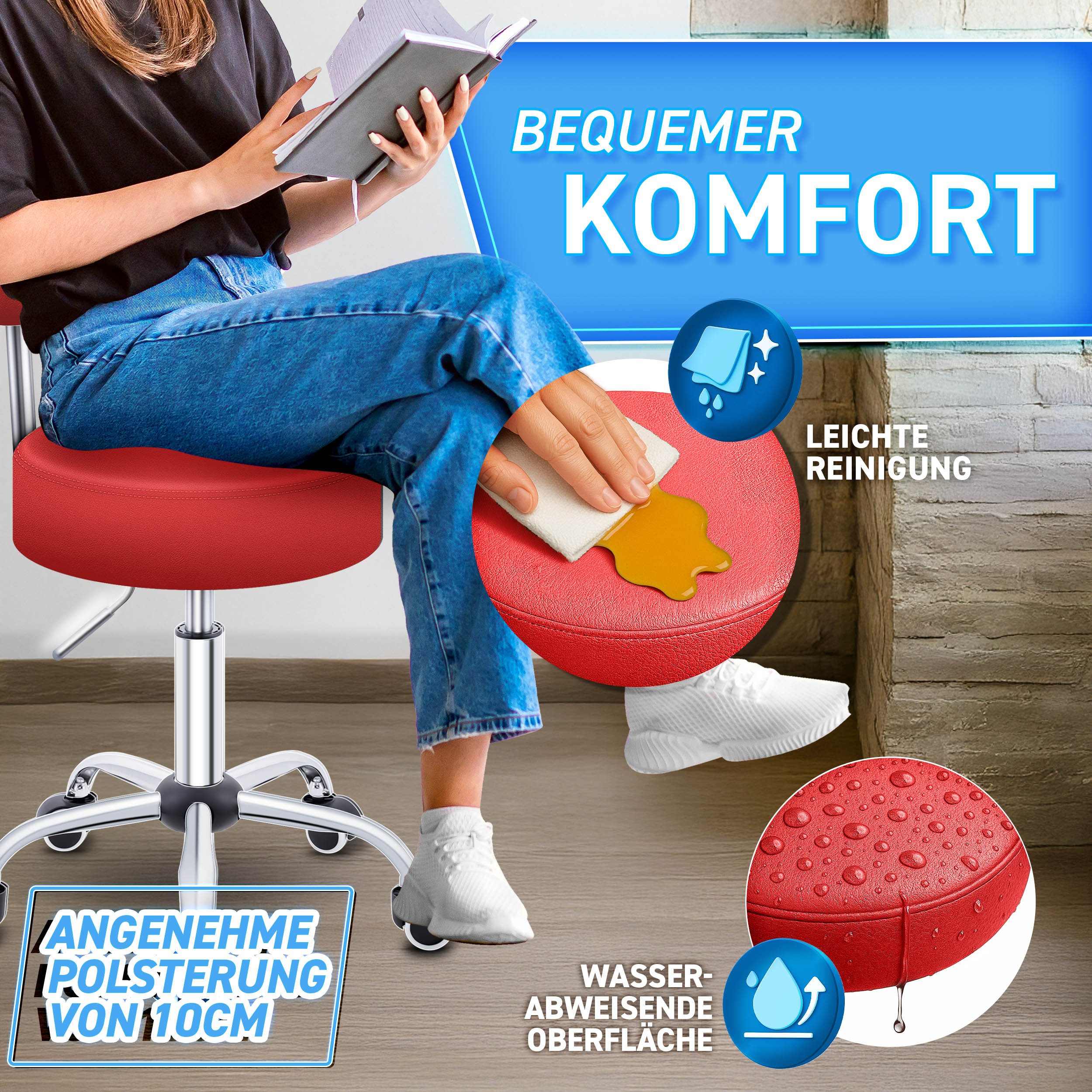 TRESKO Drehhocker Rollhocker mit Lehne, Arbeitshocker höhenverstellbar 46-58 cm, Bürostuhl mit Rollen Hocker Drehstuhl Kosmetikhocker