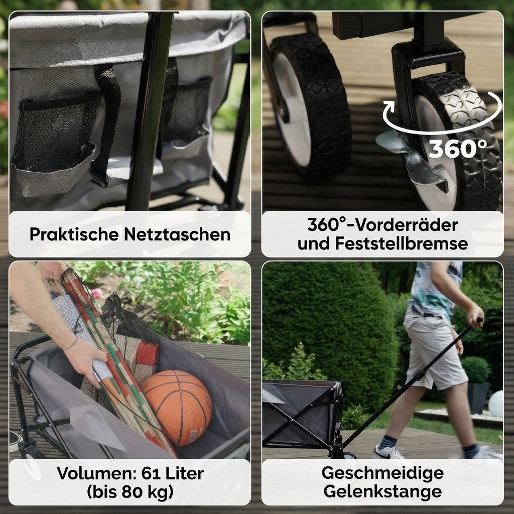 FASports Bollerwagen Gardenio mit Bremsen, Upgrade-Version (längerer Lenkstange), faltbar, bis 80 kg belastbar, fasst 61 Liter – Bild 4 von 5