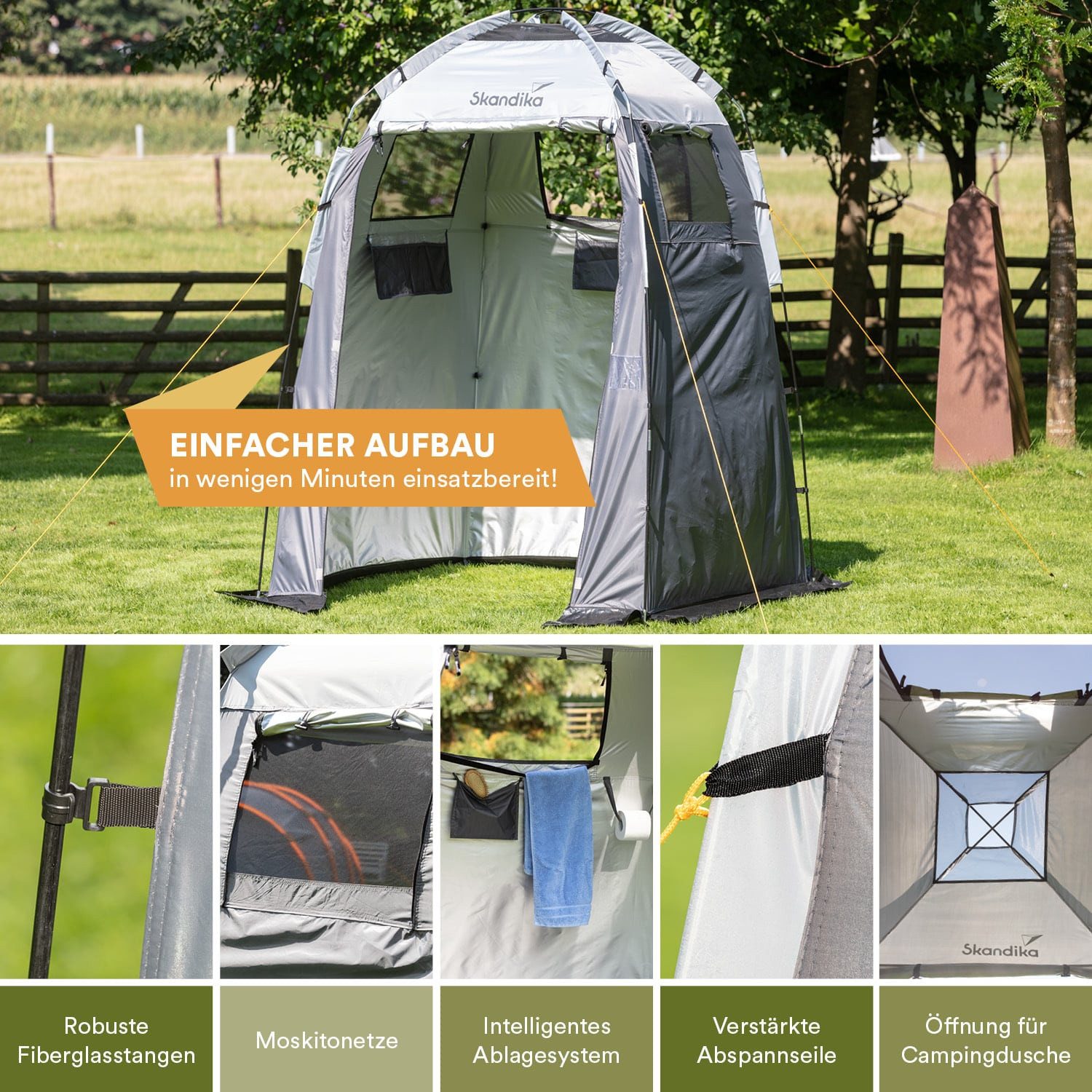 Skandika Kuppelzelt Camping Duschzelt, Umkleidezelt, Toilettenzelt, Personen: 1 (Abmessung 150 x 150 cm, Tragetasche, Handtuchhalter innen und außen), 230 cm St – Bild 5 von 5