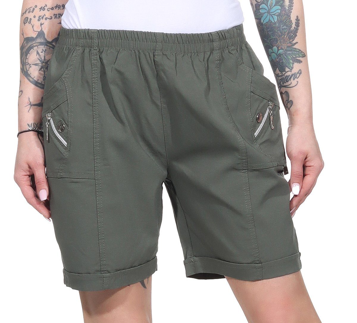 Shorts Aurela auch leichte erhältlich, elastischem großen Damen Sommerhose in Damen Strandshorts Damenmode Kurze Shorts Größen mit Bund Khaki