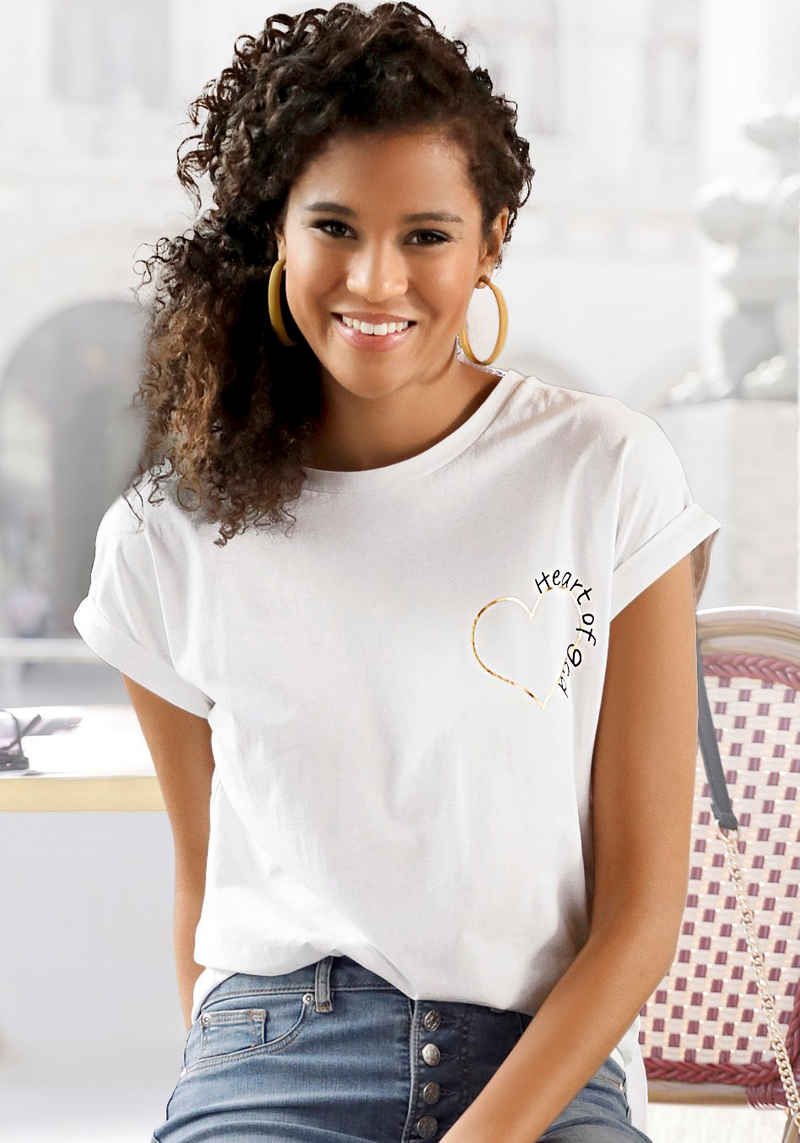 LASCANA T-Shirt mit glänzendem Print, Kurzarmshirt aus Baumwolle