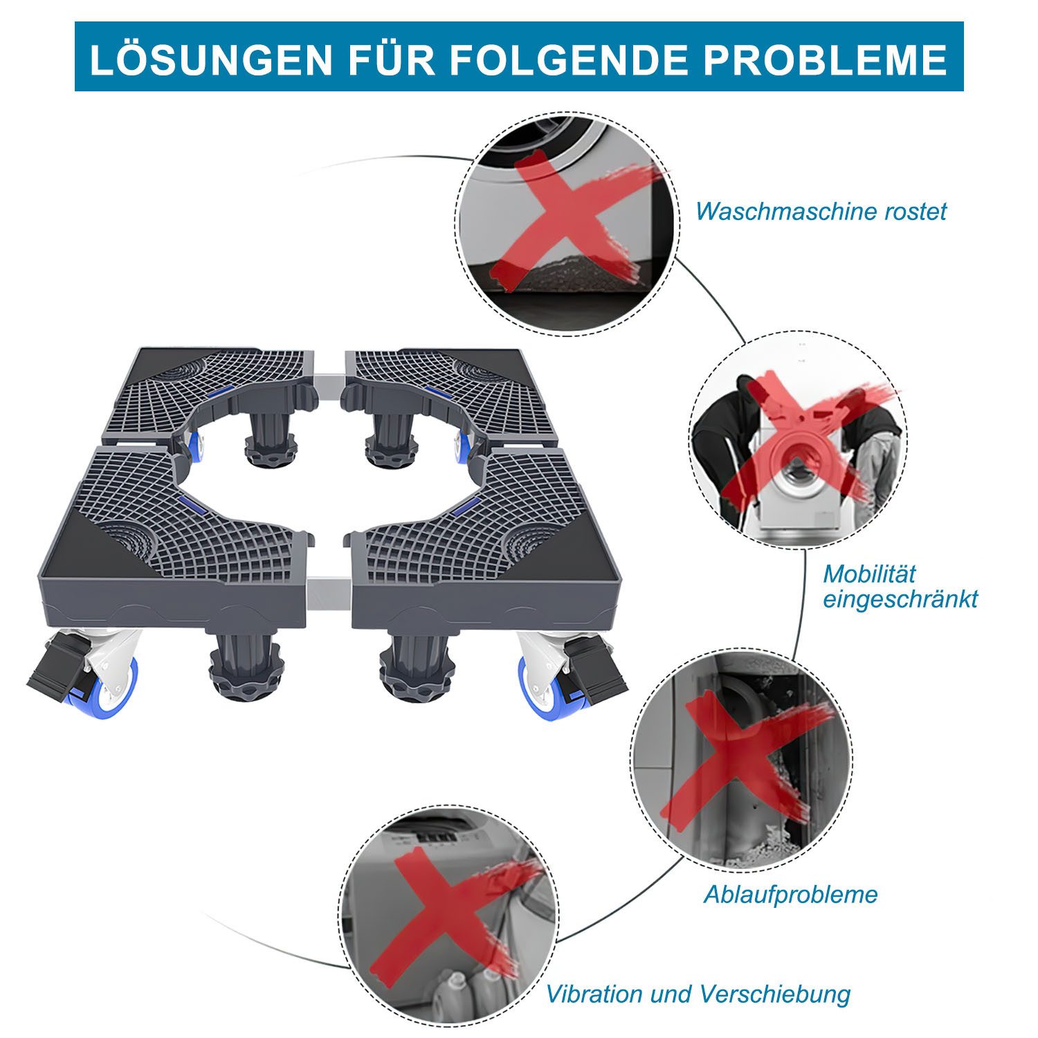 SURFOU Waschmaschinenuntergestell Waschmaschine Sockel Untergestell mit 8 Füßen+4 Räder mit Roller, Verstellbare Waschmaschinensockel mit Rutschfester Stoßdämpfungs