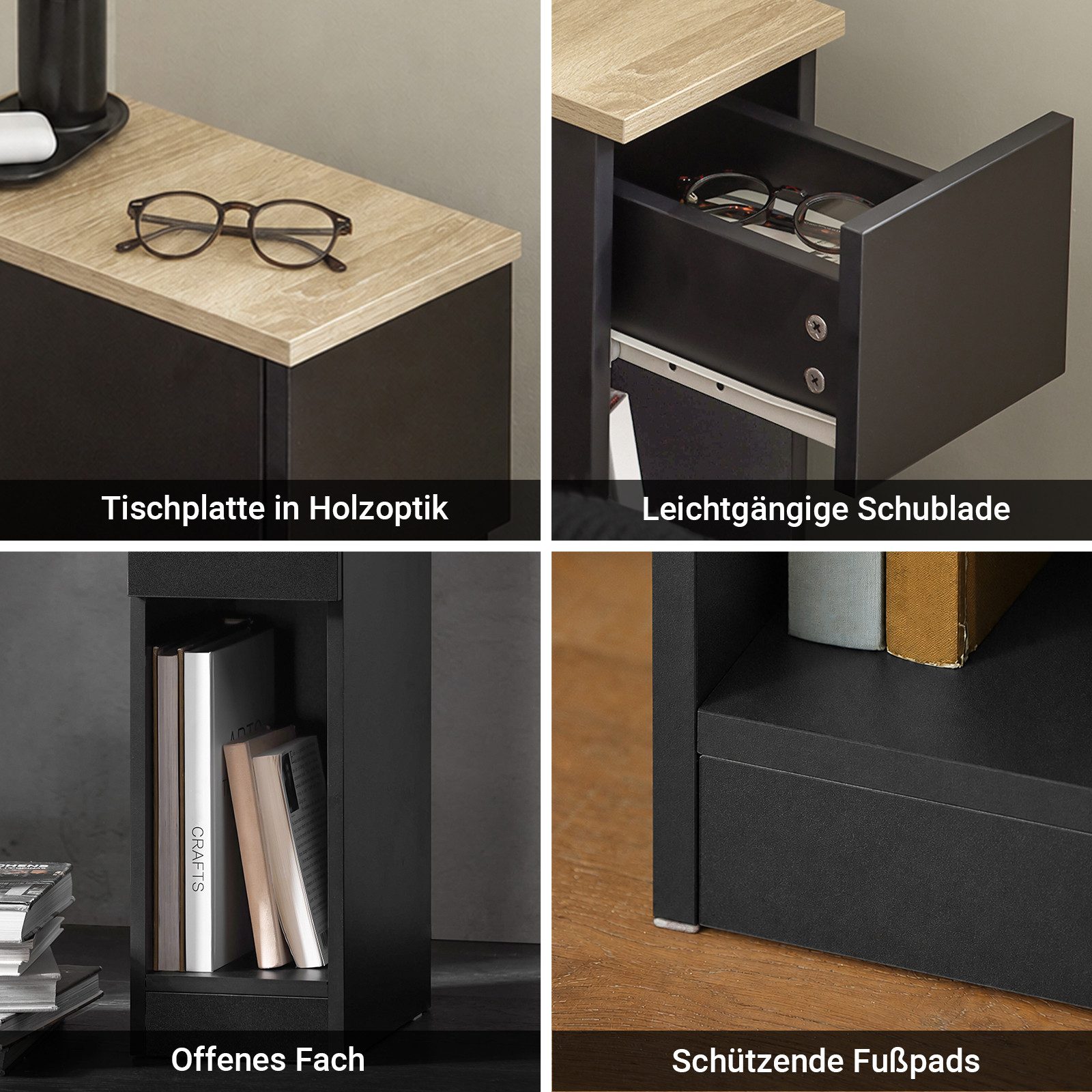 SoBuy Nachttisch FBT111, Beistelltisch mit Schublade und Ablage, Nightstand, 2er Set, Beistelltisch schmal, Nachtschrank Nachtkommode, offenes Fach – Bild 5 von 5