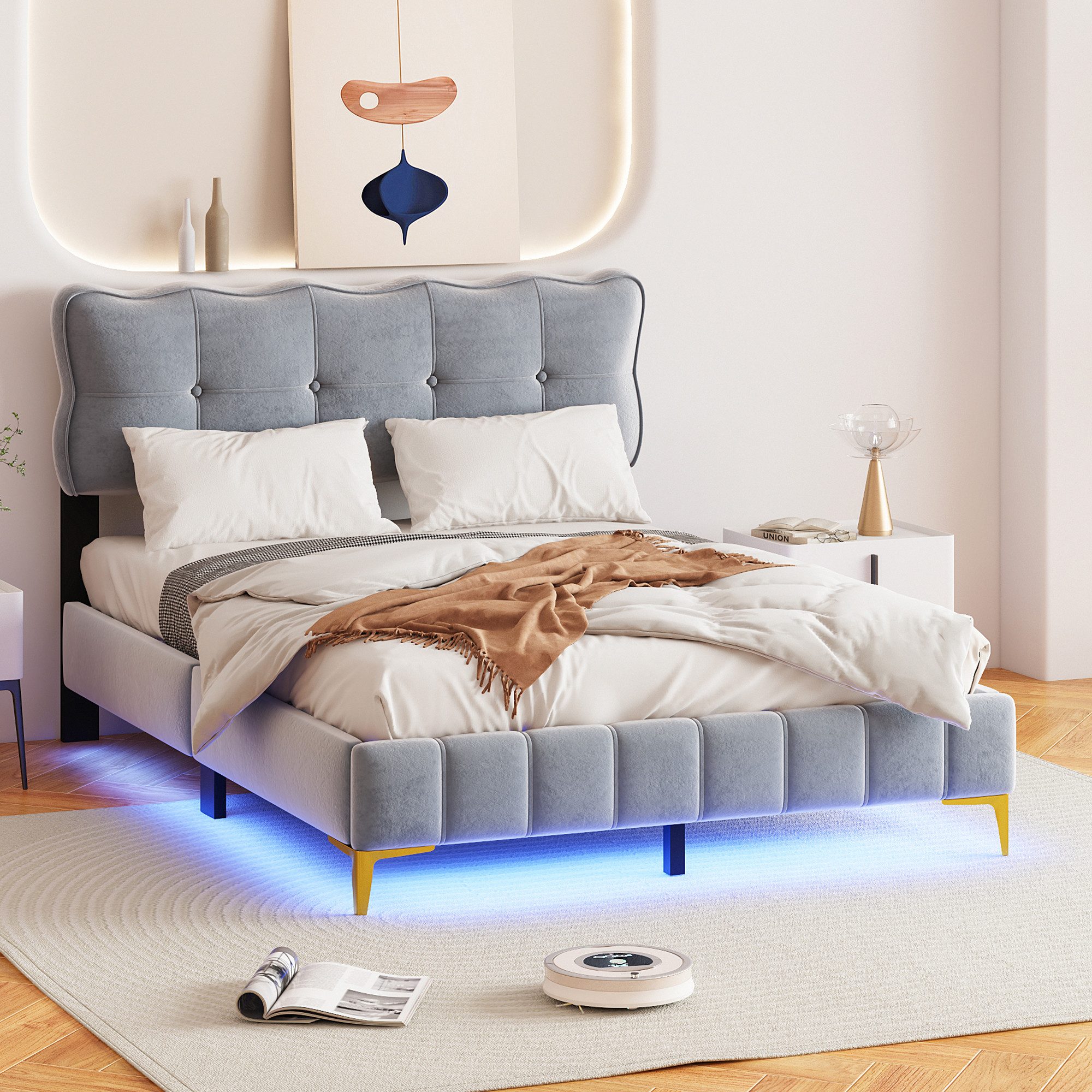 MODFU Polsterbett mit LED-Leuchten mit Rückenlehne, Samtstoff hohe Metallfüße (Doppelbett mit Lattenrost 140 x 200 cm), ohne Matratze