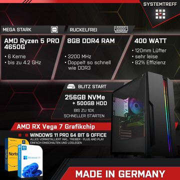 SYSTEMTREFF Basic Gaming-PC (AMD Ryzen 5 4650G, RX Vega 7, 8 GB RAM, 500 GB HDD, 256 GB SSD, Luftkühlung, Windows 11, WLAN)