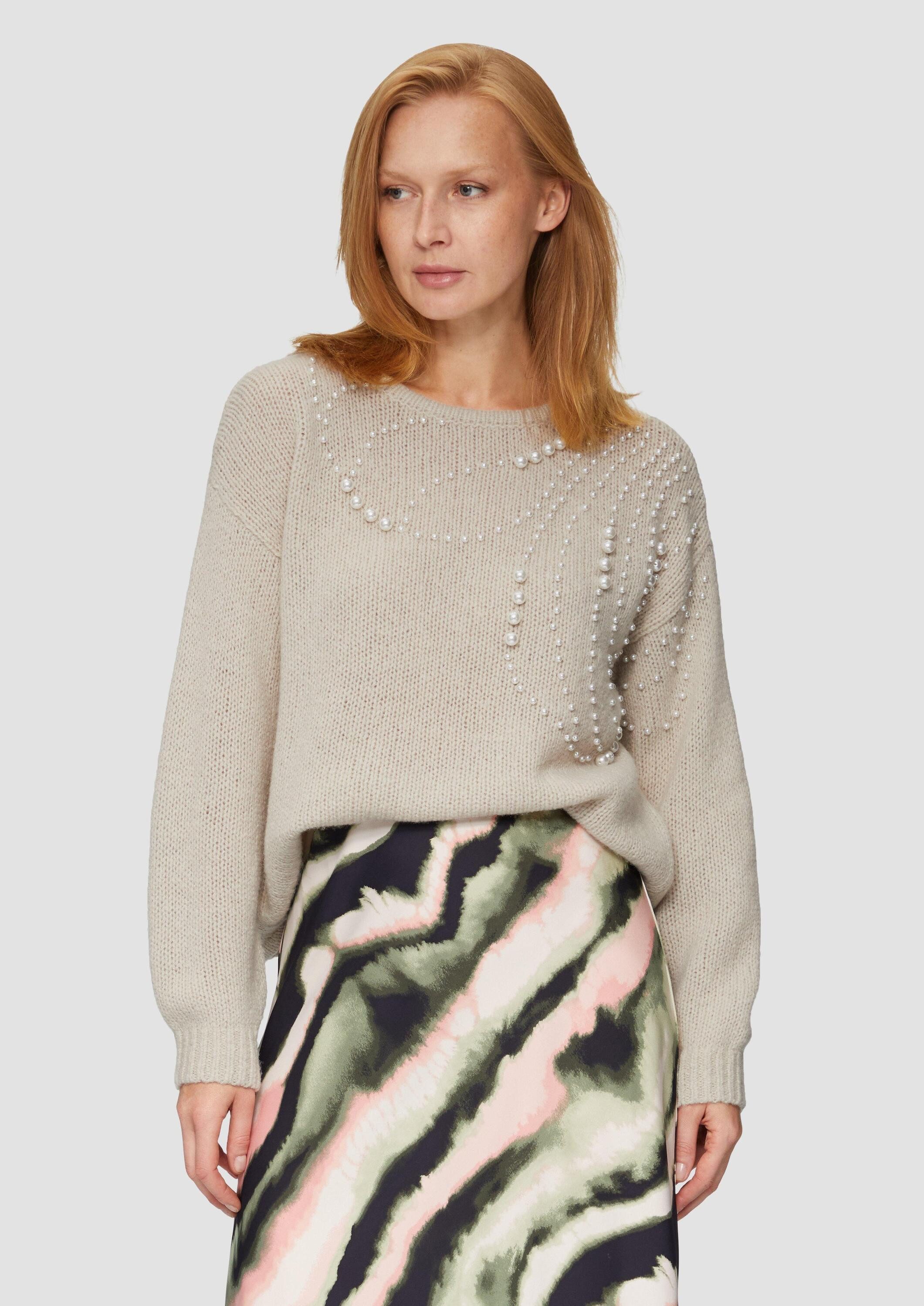 s.Oliver Longpullover Strickpullover Pullover mit Perlen-Besatz