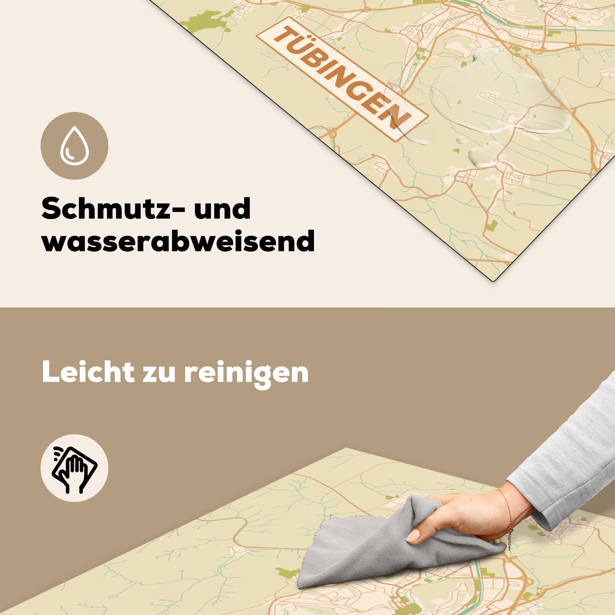 MuchoWow Herdblende-/Abdeckplatte Ceranfeldabdeckung, 78x78 - Stadtplan Karte, Arbeitsplatte tlg), küche (1 Tübingen Vinyl, - - Vintage für cm