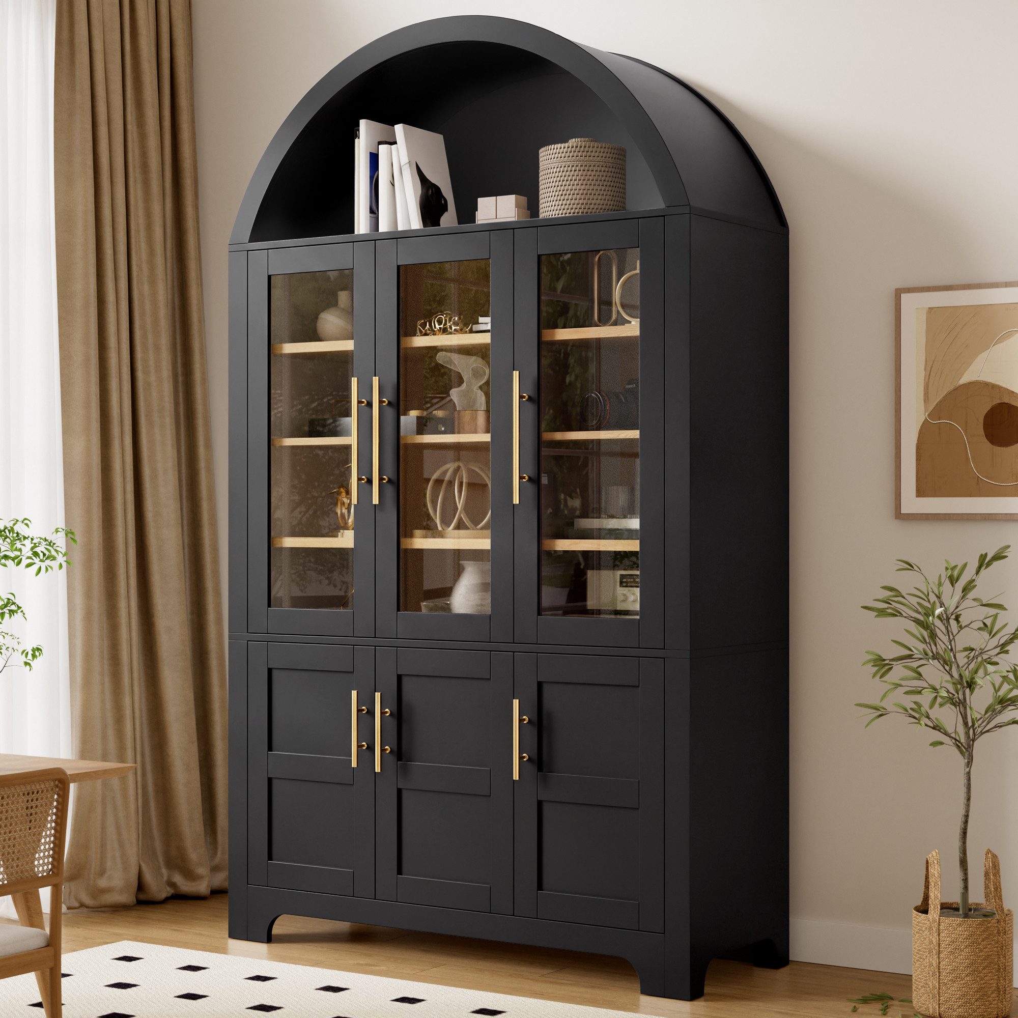 Merax Hochschrank mit 3 Glastüren, 3 geschlossenen Fächern & verstellbaren Einlegeböden (110 L x 40 B x 185 H cm, 1-St) Vitrinenschrank mit Bogen-Nische, Mehrzweckschrank, Wohnzimmerschrank