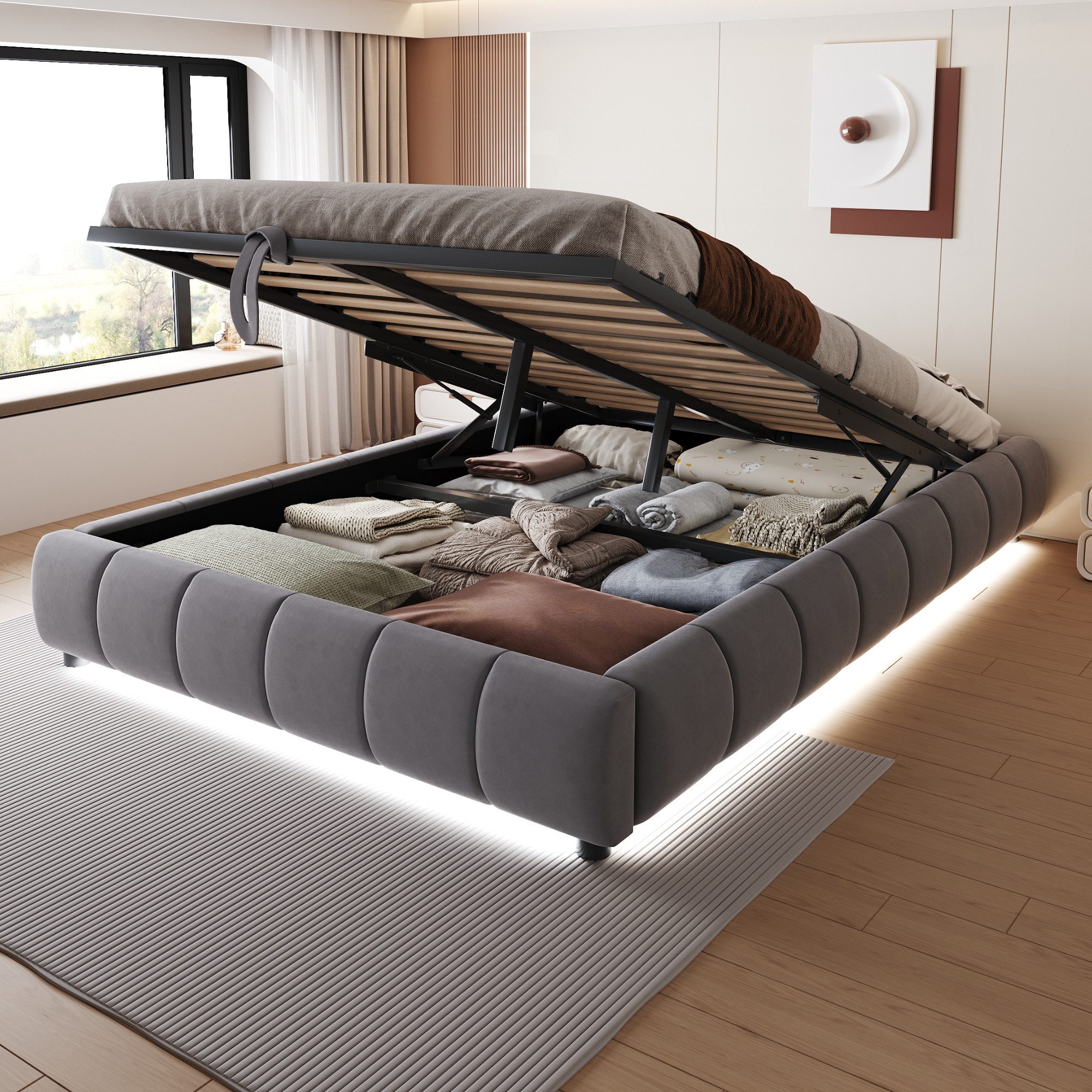 STILVORA Polsterbett 140x200 Doppelbett mit LED&Stauraum,Jugendbett günstig online kaufen