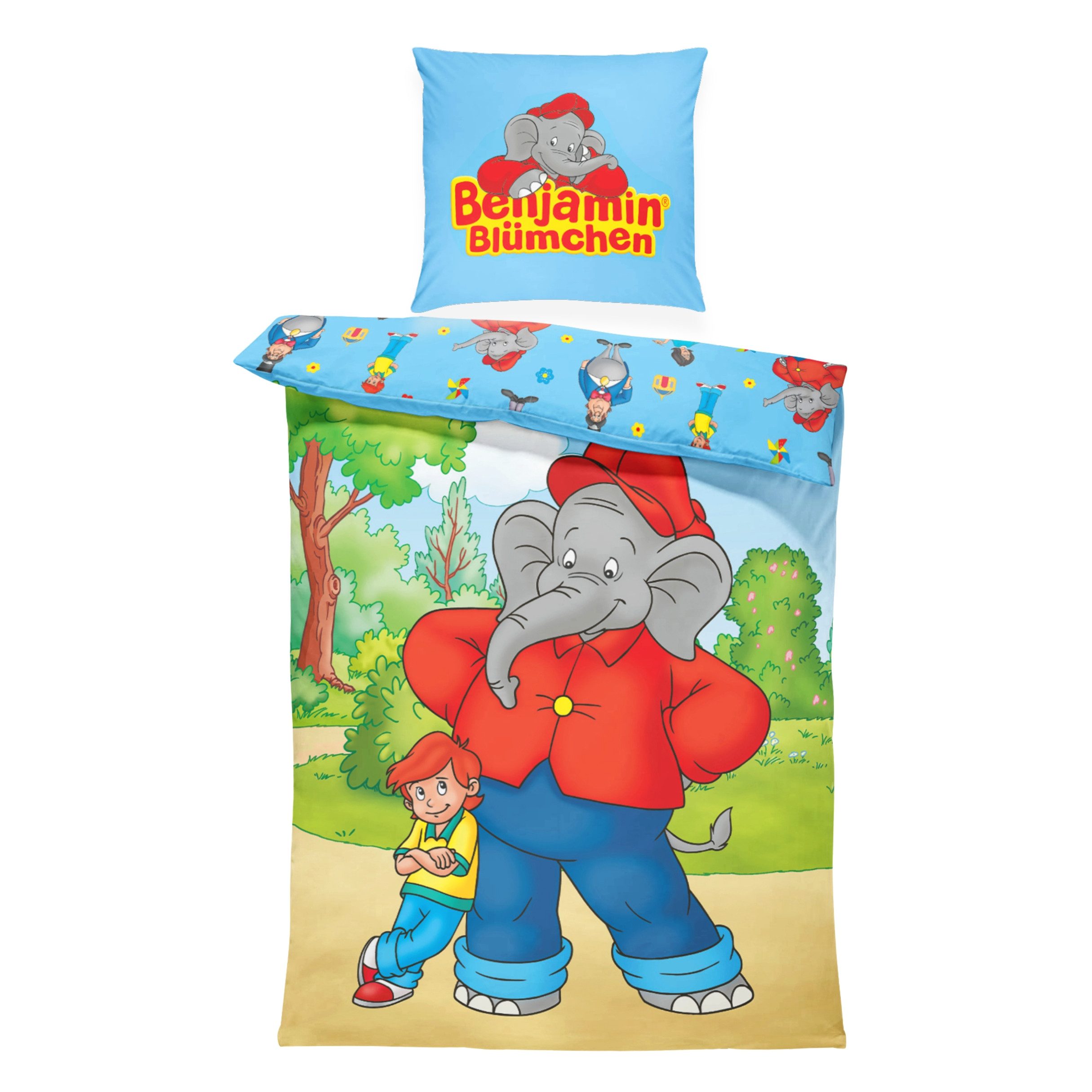 MTOnlinehandel Kinderbettwäsche Benjamin Blümchen 135x200 + 80x80 cm, Renforcé, 100% Baumwolle, 2 teilig, Wende-Motiv mit Benjamin Blümchen & Otto für kleine und große Fans