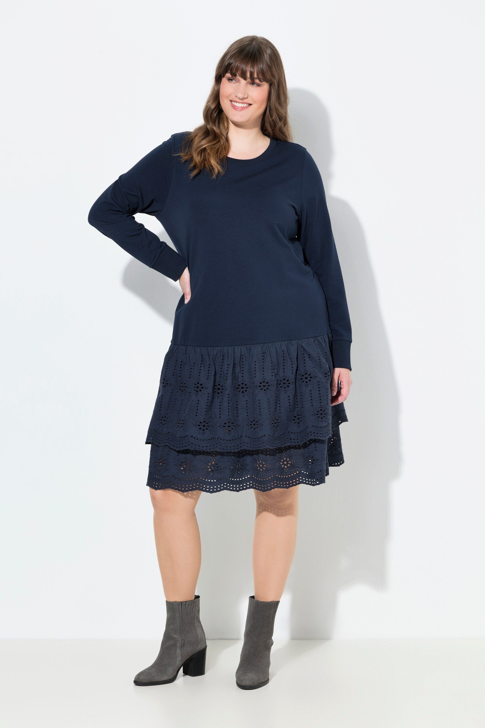 Ulla Popken Midikleid Sweatkleid Spitze Rundhals Langarm Biobaumwolle