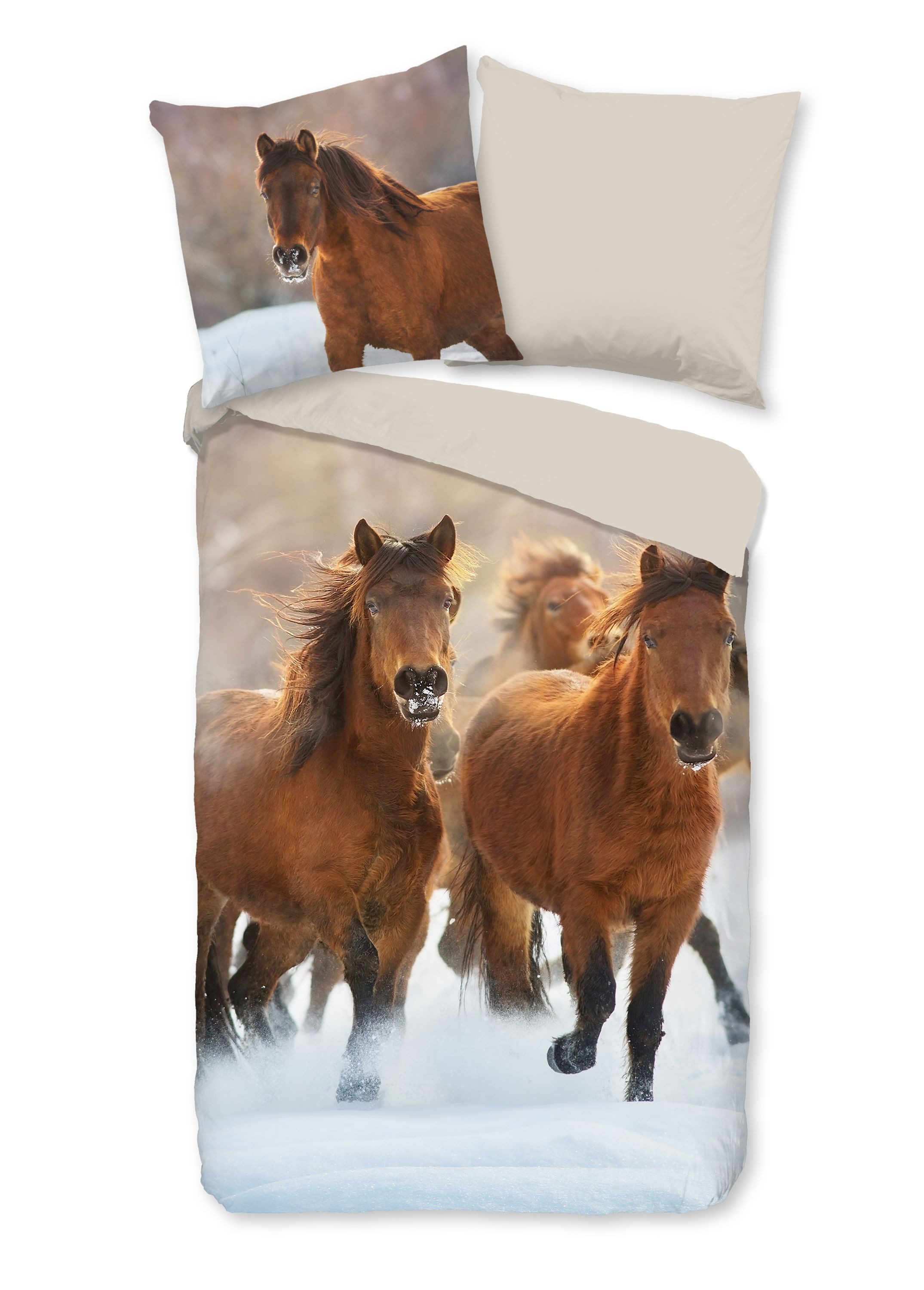 Traumschloss Bettwäsche Comfort Baumwolle, Flanell, 2 teilig, Ponys im Winter, Schnee, beige
