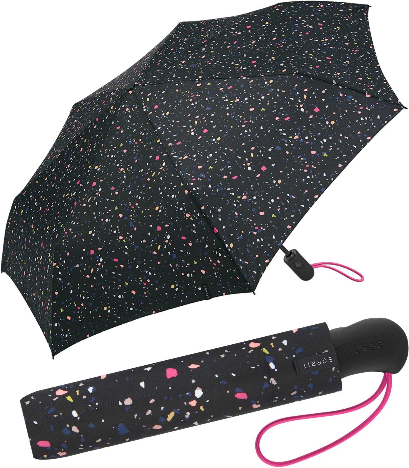 Esprit Taschenregenschirm Easymatic Light - Terrazzo Dots - schwarz, stabil, praktisch, mit Auf-Zu-Automatik