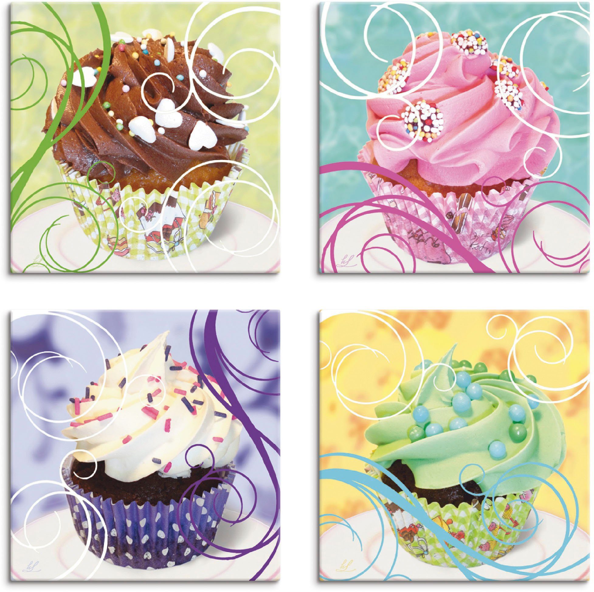 (4 Cupcakes, verschiedene Süßspeisen Leinwandbild St), Set, 4er Artland Größen