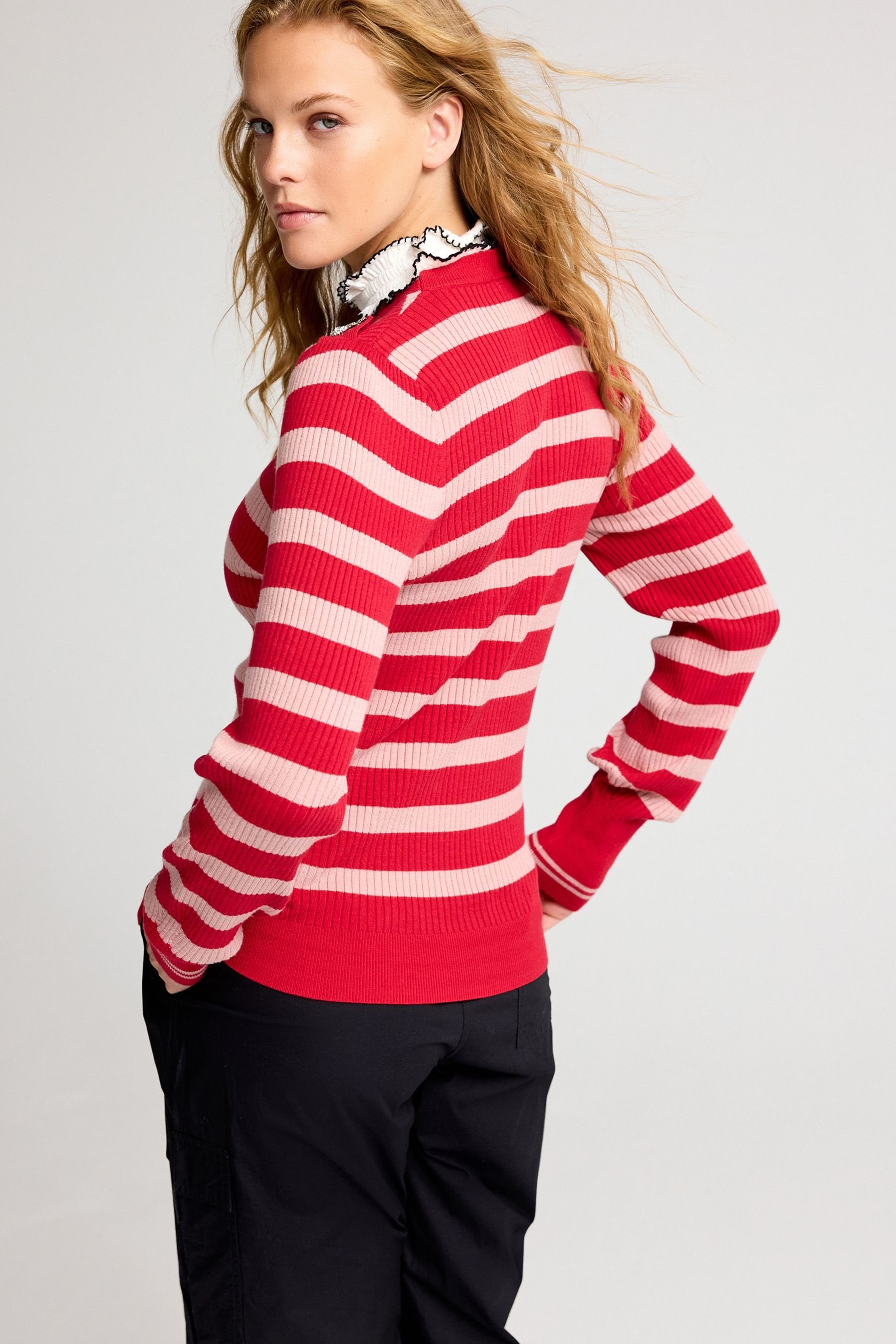 Next Stehkragenpullover Hochgeschlossener Pullover mit Red/Pink Streifen (1-tlg)