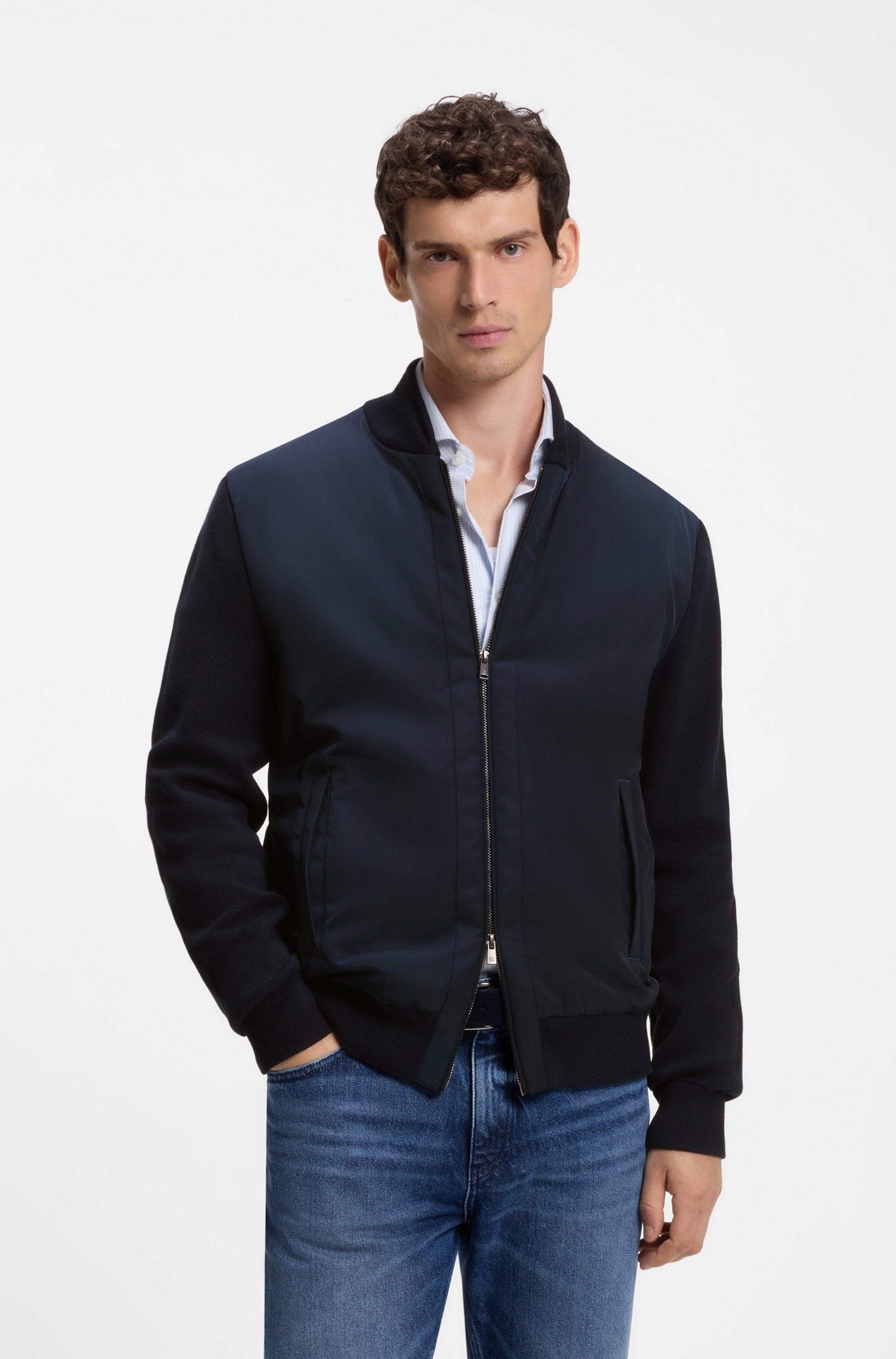 BOSS Hybridjacke C Levaio Rippstrickkragen, Regular Fit, 2-Wege-Zipper