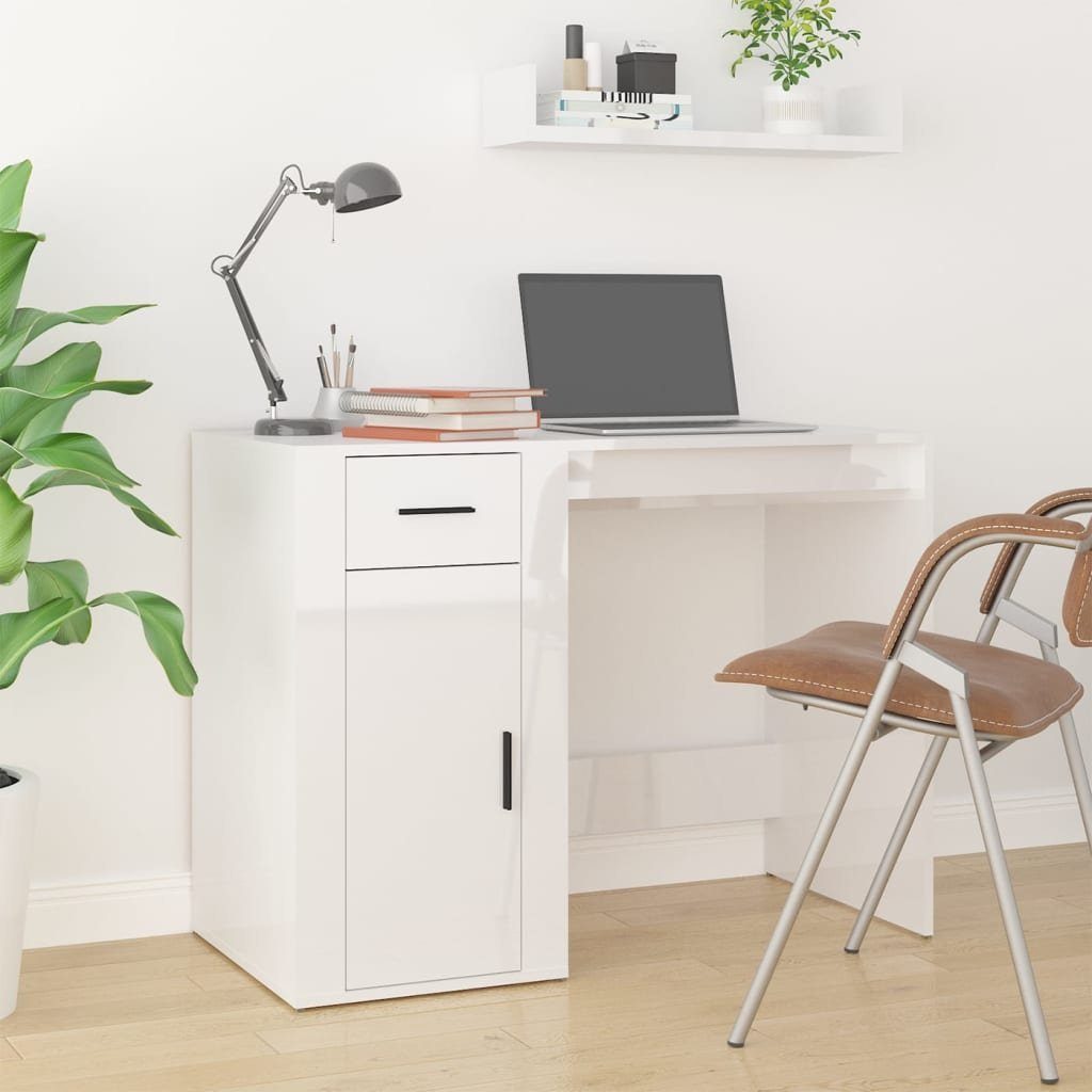 Stauraum Schreibtisch Hochglanz-Weiß mit Holzwerkstoff furnicato