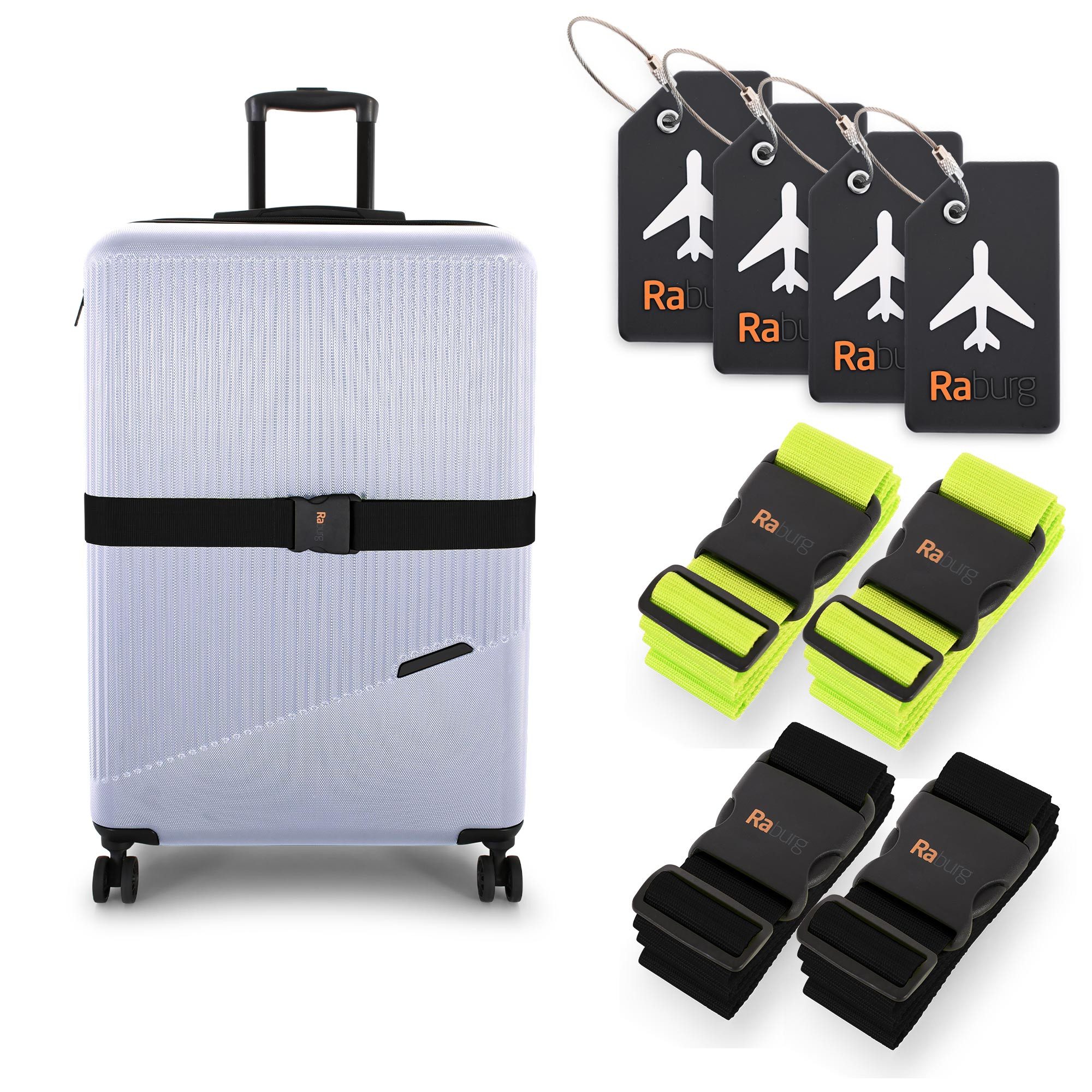 Raburg Gepäckgurt Reiseset Koffergurt, Kofferanhänger, (8-teiliges Set, 8-tlg., Schwarz, Grün, Blau), ideal für: Flugreise, Reisegepäck, Taschen, Koffer, Trolley, Kreuzfahrt