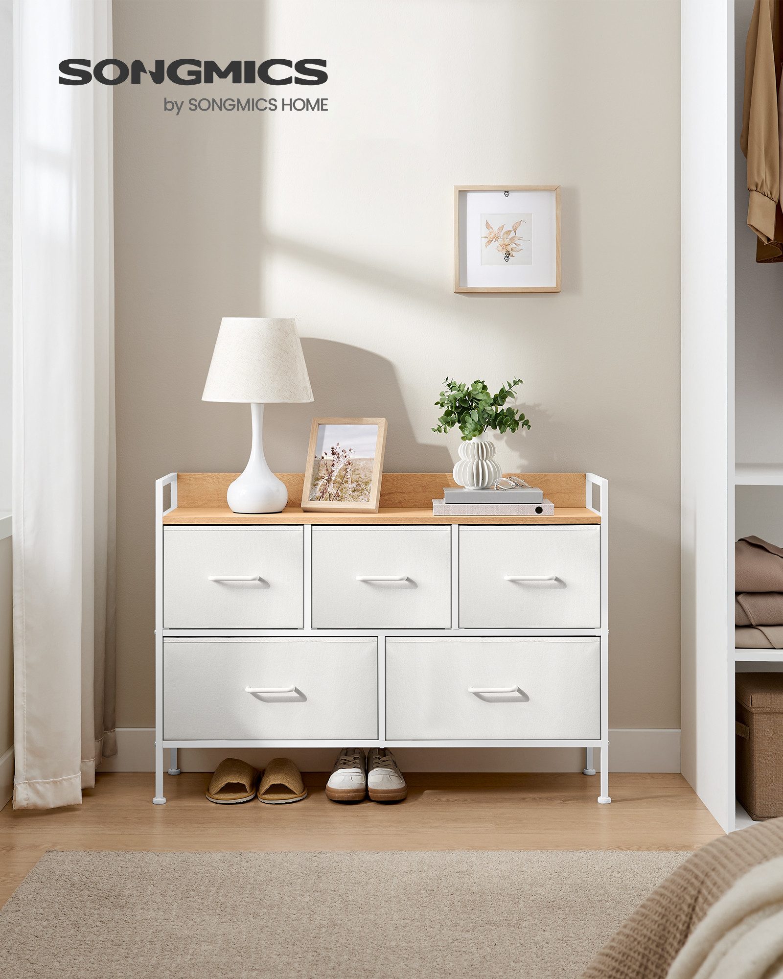 SONGMICS Kommode Schrank Schlafzimmer, Stahlrahmen, Sideboard, Aufbewahrungsschrank 5 Stoffschubladen mit Griffen