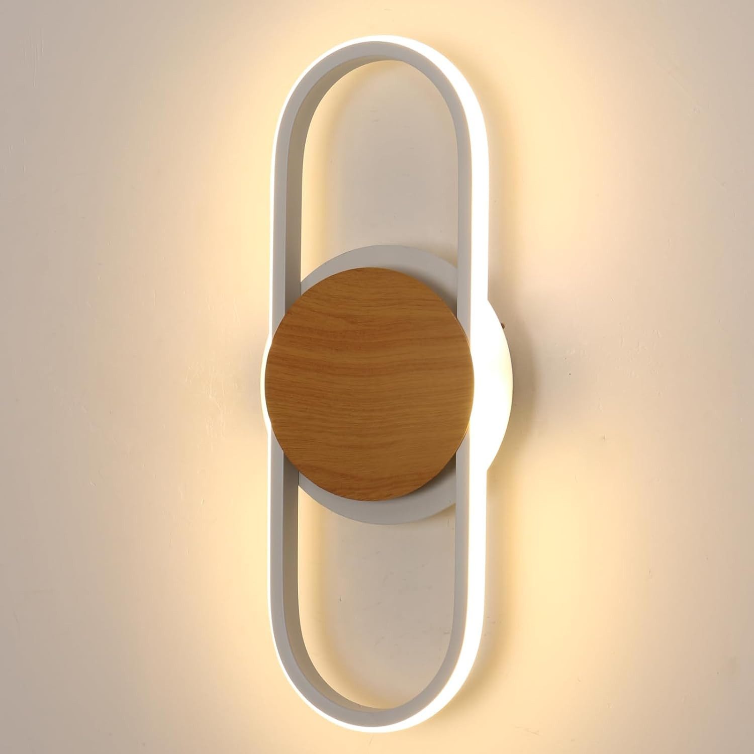 Goeco Wandleuchte LED Wandlampe, Dekorative Wandleuchte, 41x17x6 cm, 20W, LED fest integriert, warmes Licht, Weiß + Holzoptik