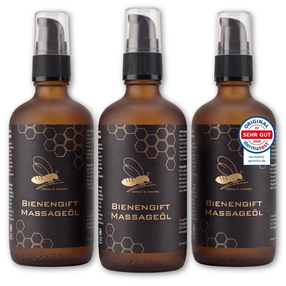 Grega´s Imkerei Massageöl mit Bienengift 100ml Intensiv Pflege-Serum für Muskeln Gelenke, 3-tlg., Hochkonzentriert: Jede Flasche enthält über 600 Bienenstichen.