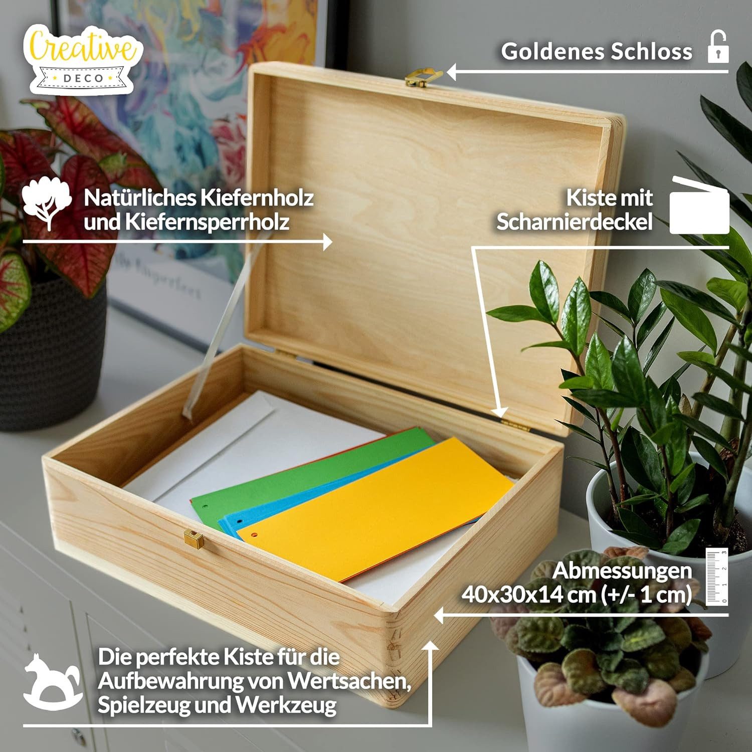 Creative Deco Holzkiste Natur mit Deckel und Schloss, Erinnerungsbox Baby Groß Holzbox mit Deckel Unlackiert Kasten