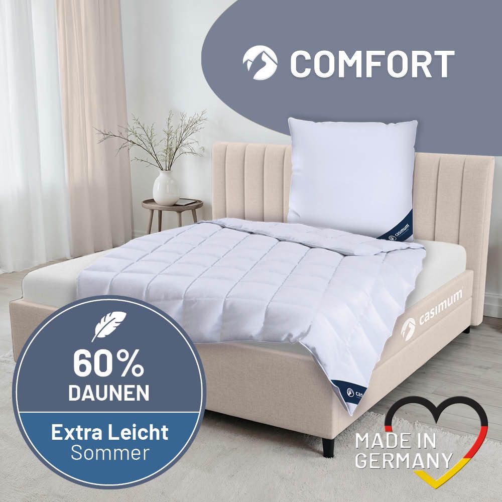 casimum Daunenbettdecke COMFORT Bettdecke 135x200, 155x220, 200x200 & weitere Größen, Füllung: 60 % Daunen / 40 % Federn, Klasse 1, Downpass zertifiziert, Bezug: 100 % Baumwolle, Decke für Sommer, Winter, Ganzjahr, hergestellt in Deutschland