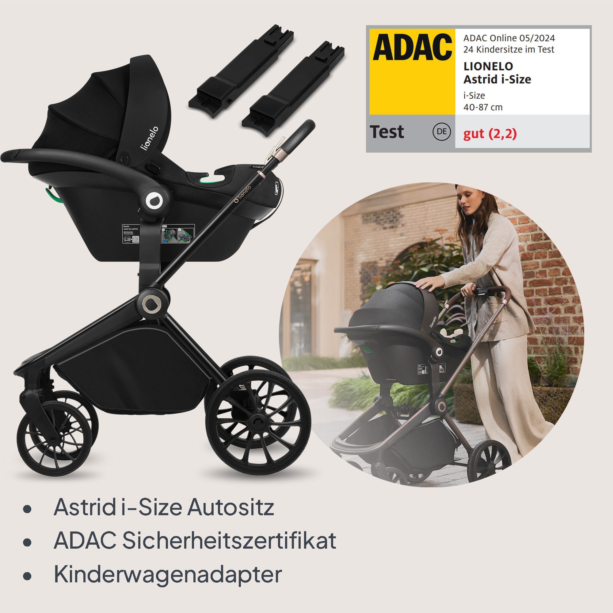 lionelo Kombi-Kinderwagen MIKA PLUS 3IN1, (Set), 3-in-1/AiryDots/3D-Belüftung/ADAC-Autositz/XXL-Verdeck – Bild 4 von 5