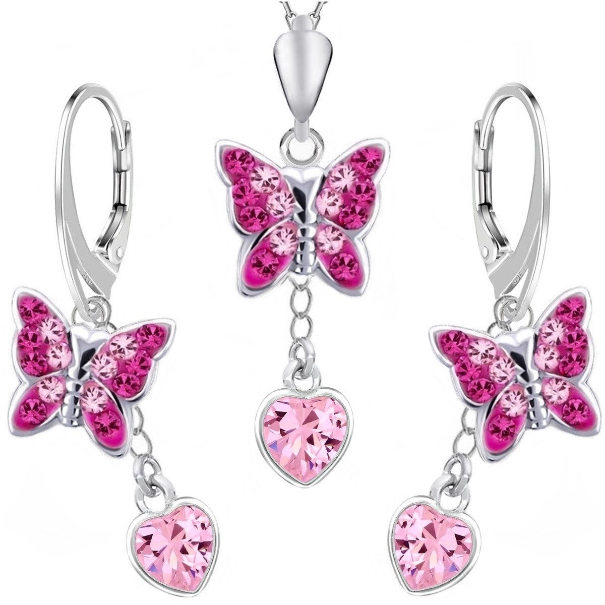 Schmuckset Schmetterling mit Rosa Herz Zirkonia Ohrringe Kette 925 Silber