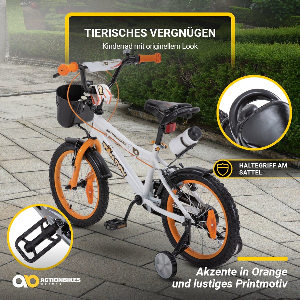 Actionbikes Motors Kinderfahrrad Timson Kinder Fahrrad ab 3 Jahre, 1 Gang, ohne Schaltung, (V-Brake-Bremsen, Luftbereifung, Schutzbleche, weiß / orange / schwarz)