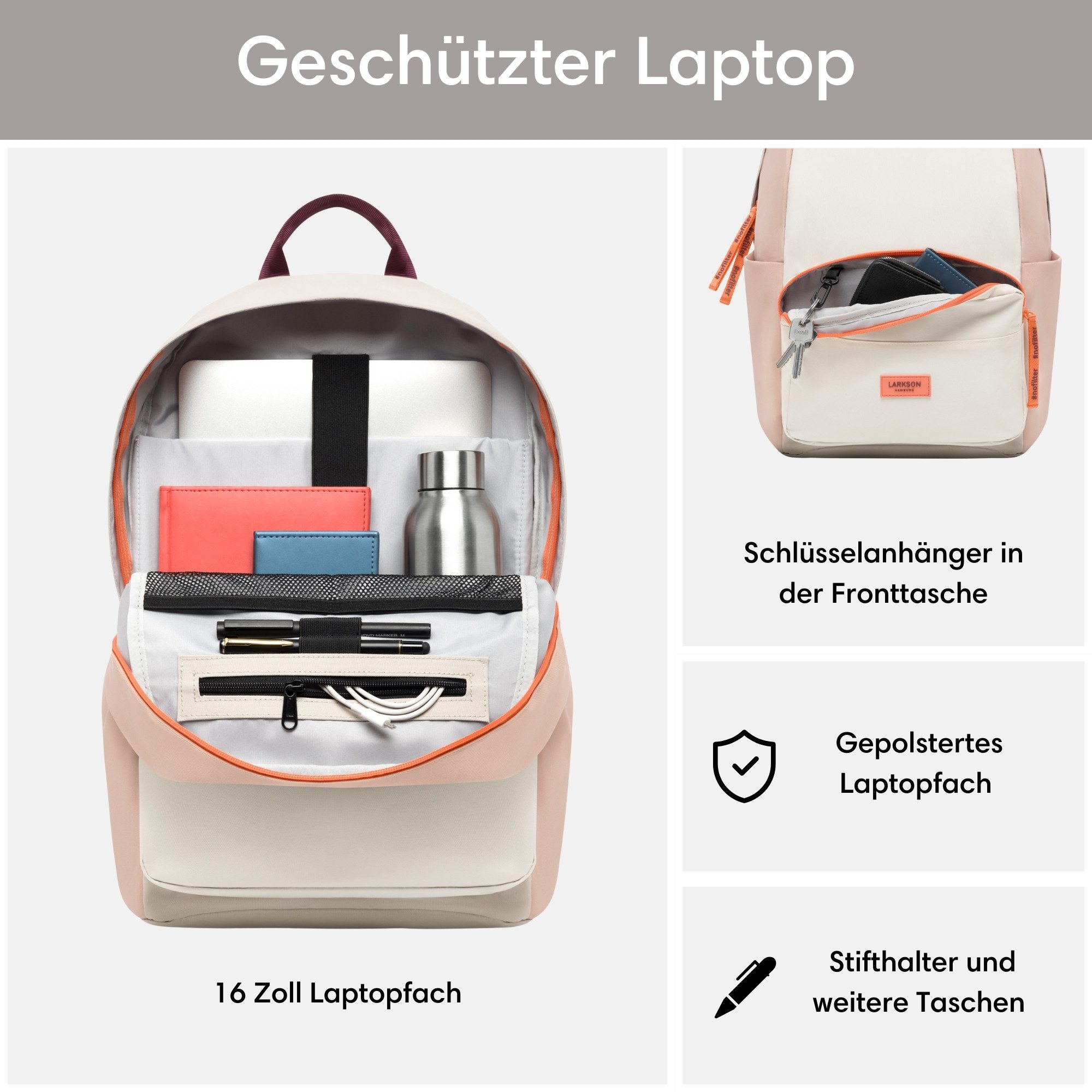 LARKSON Schulrucksack No 3 Rucksack Schule Mädchen Jungen Teenager (1-tlg), Seitentasche, Laptopfach, Wasserabweisend