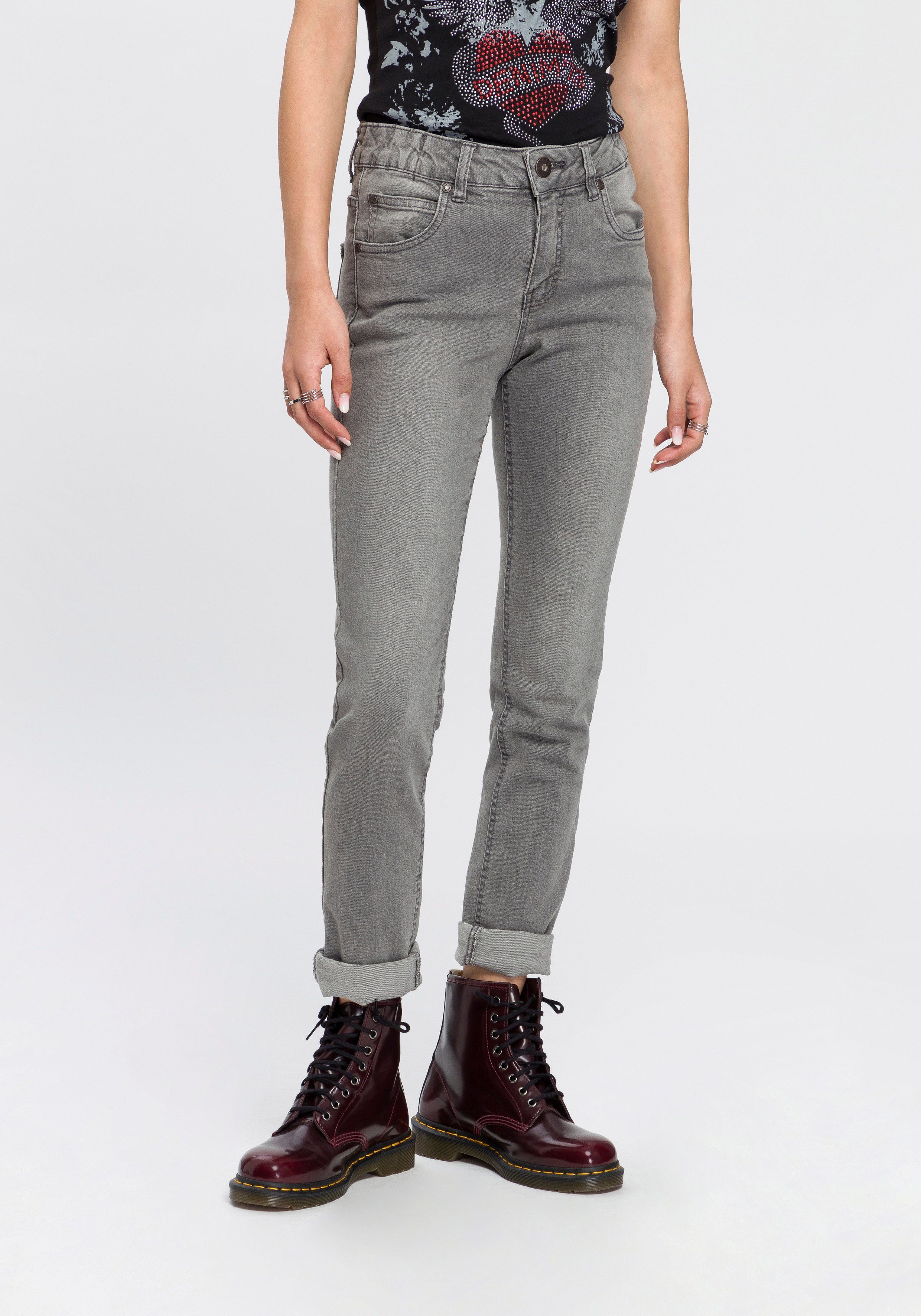 High Bund Arizona seitlichem grey-used Slim-fit-Jeans Waist Gummizugeinsatz mit