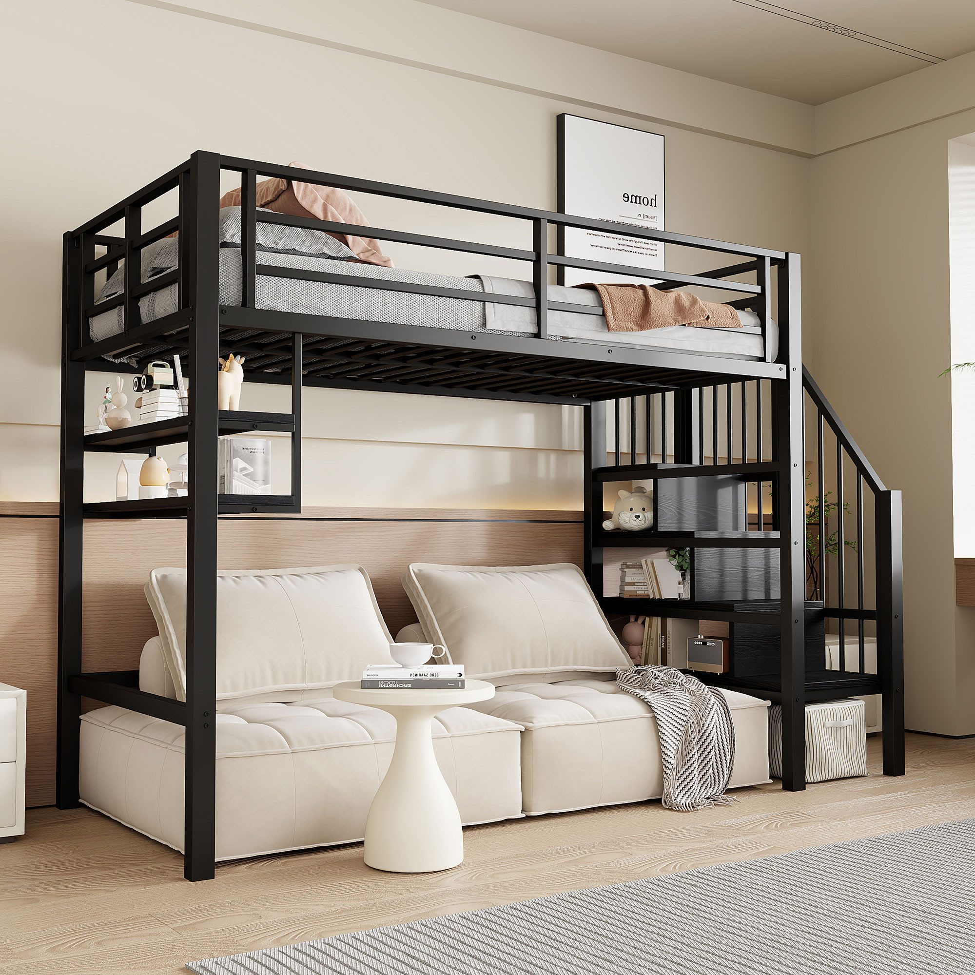 Flieks Hochbett Metallbett 90x200cm mit Einlegeböden und Stauraumtreppe