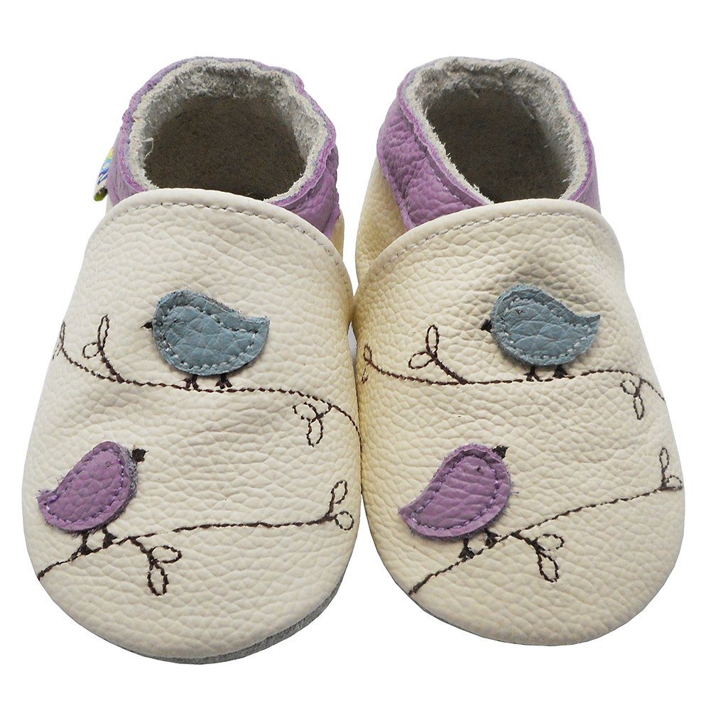 Weiche Leder Krabbelschuhe Lauflernschuhe Hausschuhe Vögelchen Weiss Hausschuh