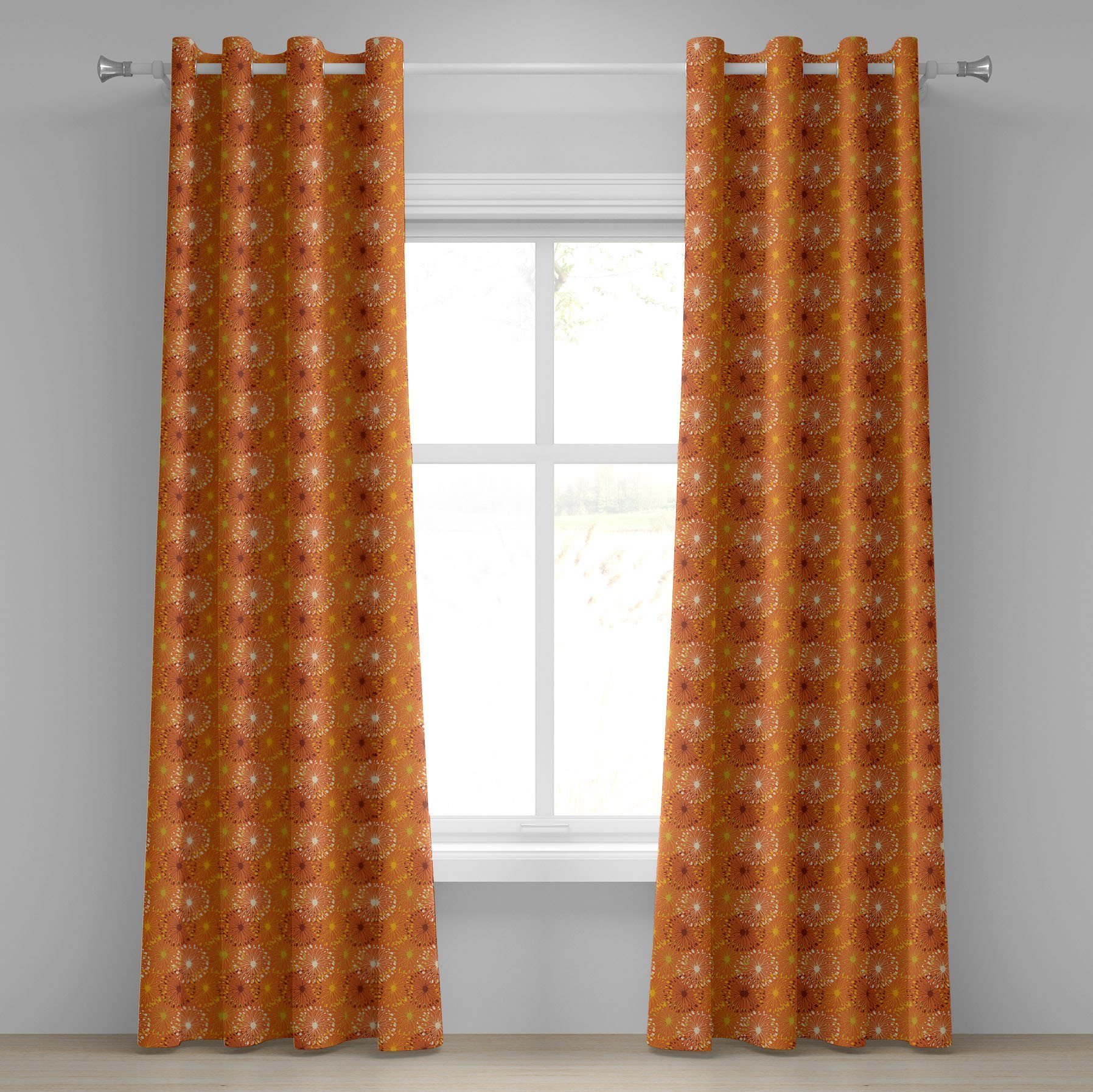 Gardine Dekorative 2-Panel-Fenstervorhänge für Schlafzimmer Wohnzimmer, Abakuhaus, Orange Grunge-Radialmuster